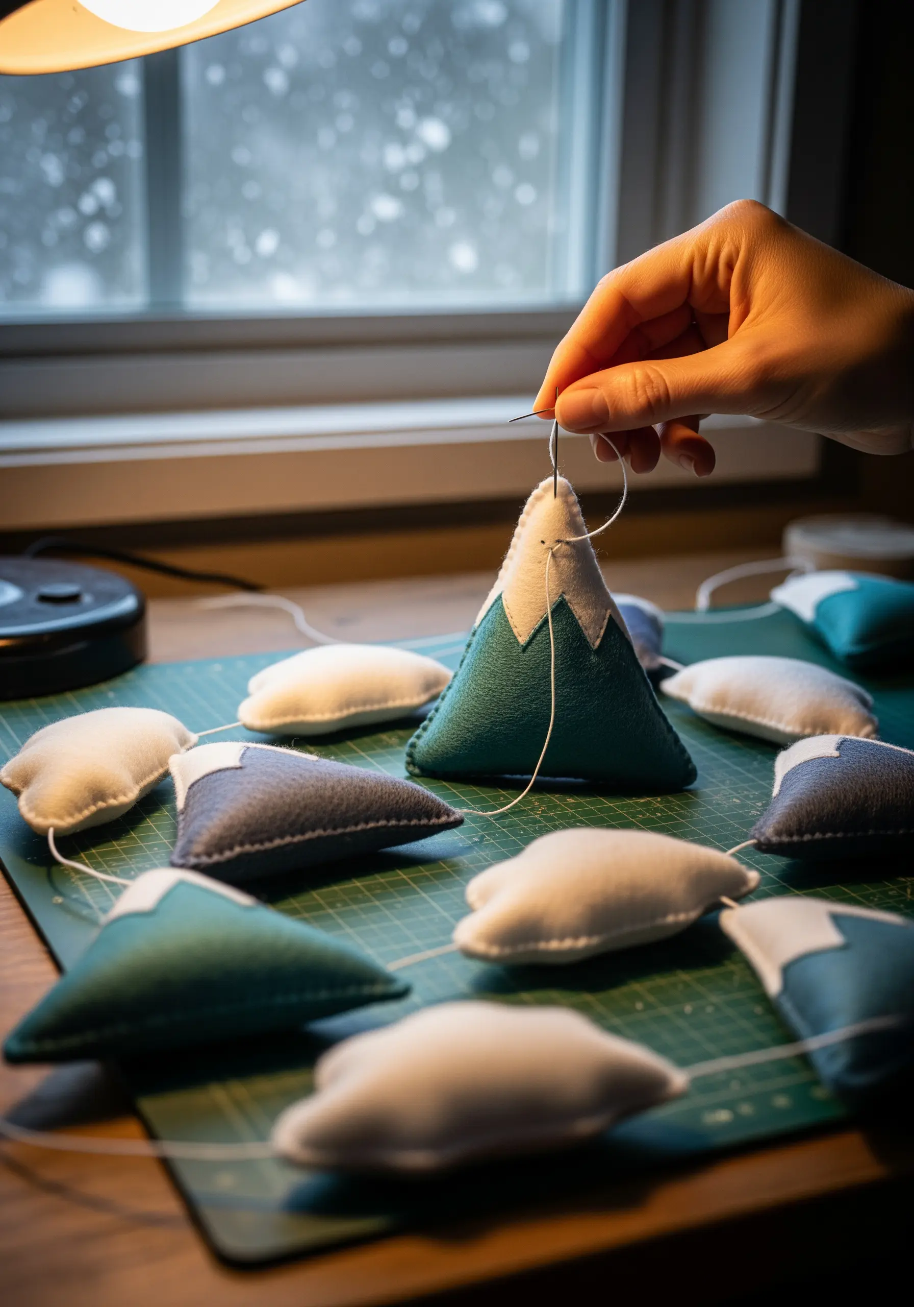 Hand stitching a garland made of stuffed felt mountains in blue, gray, and white.