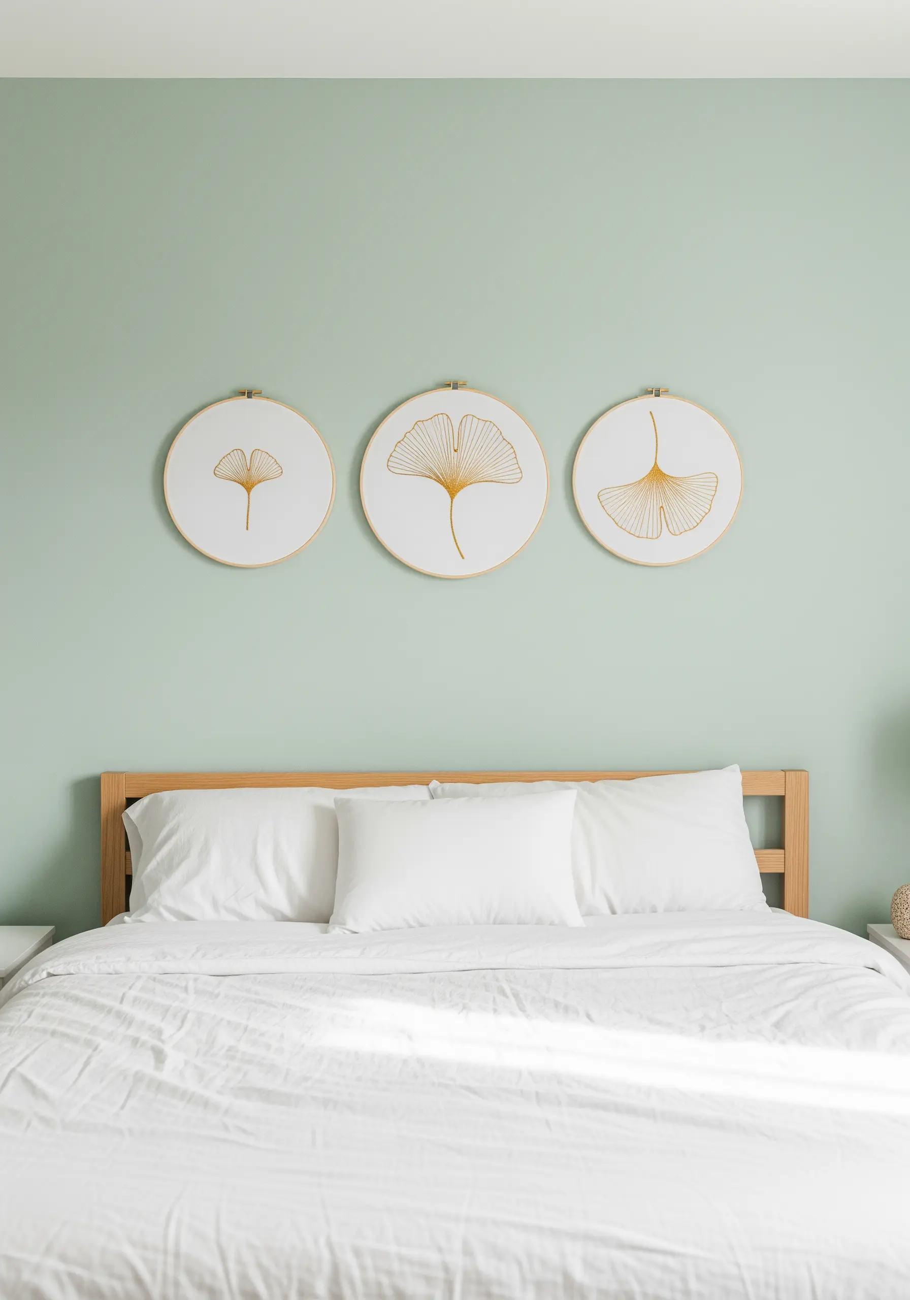Three embroidery hoops with minimalist gold-thread ginkgo leaf line art.