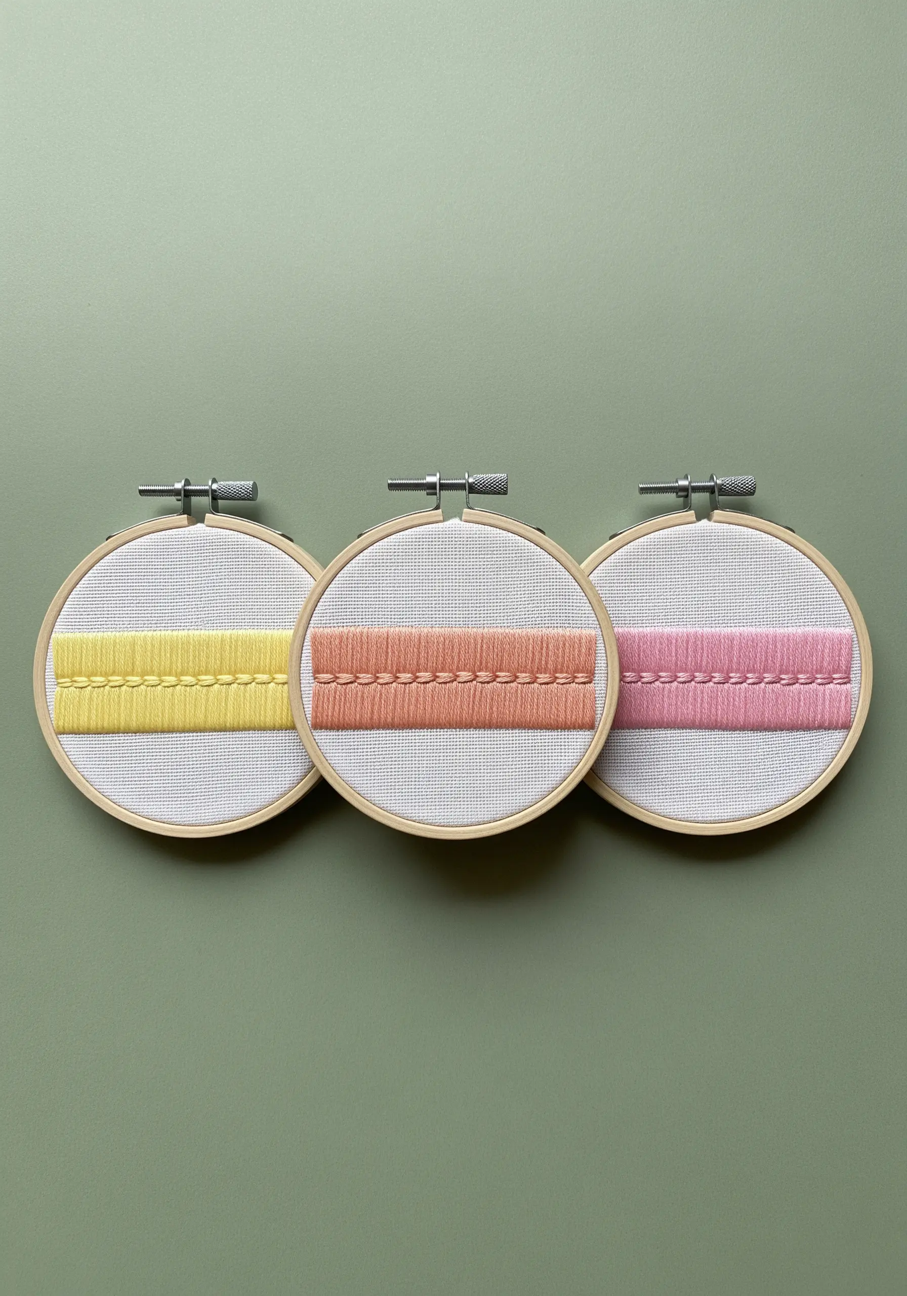 Three small embroidery hoops, each with a single band of satin stitch in a different color.