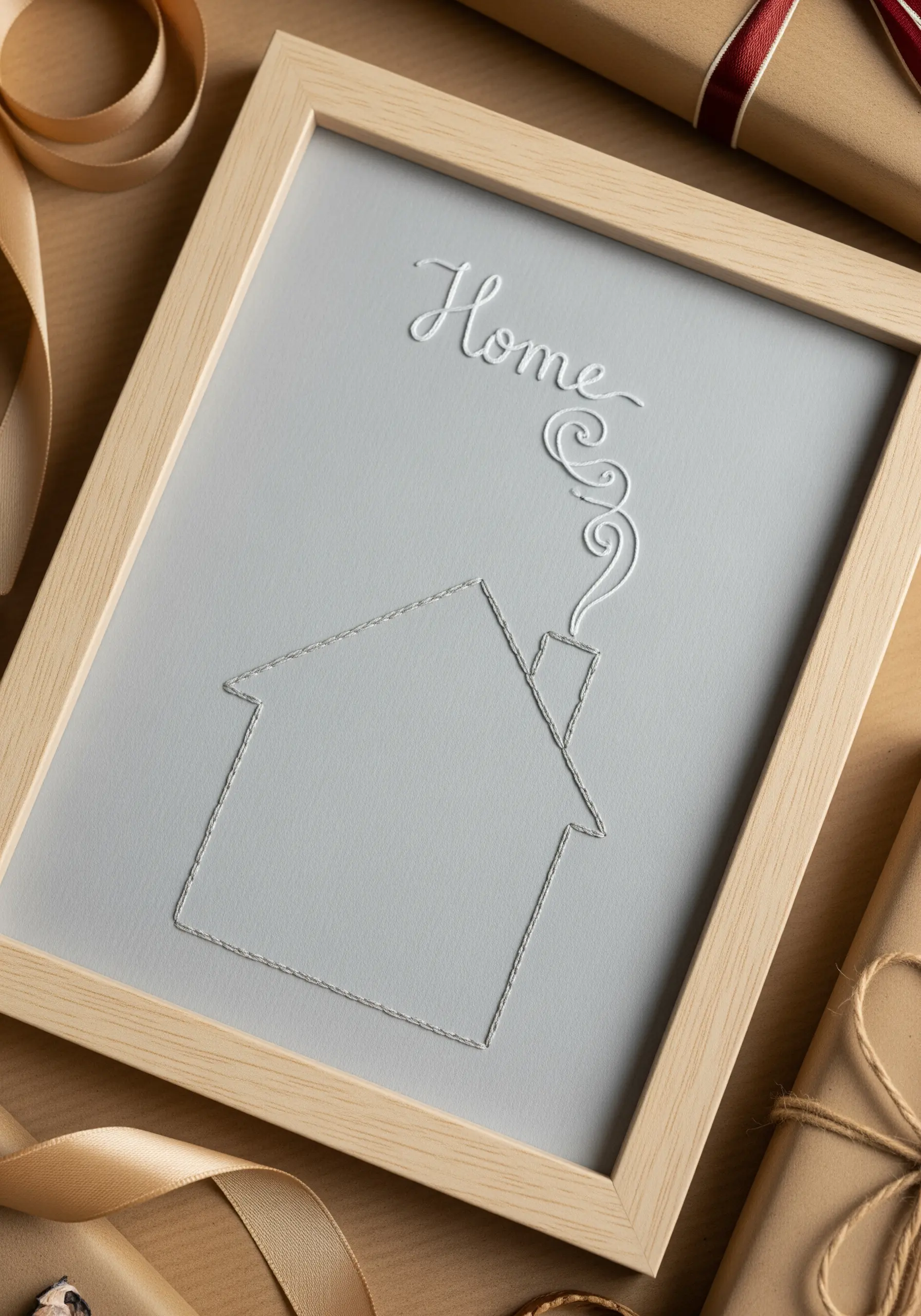 A framed piece with a minimalist house outline and the word 'Home' stitched in white.