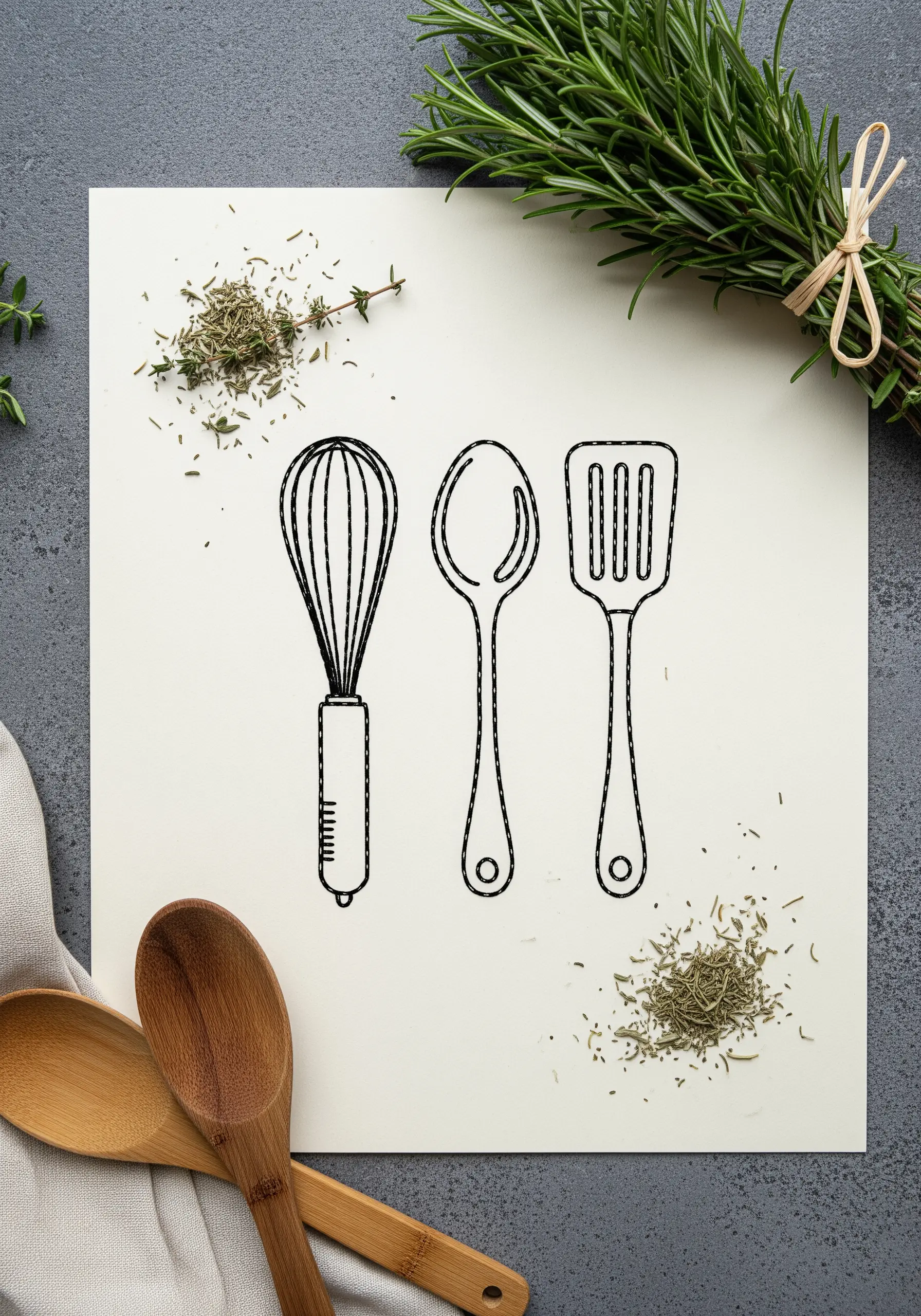 Minimalist line art embroidery of a whisk, spoon, and spatula on paper.