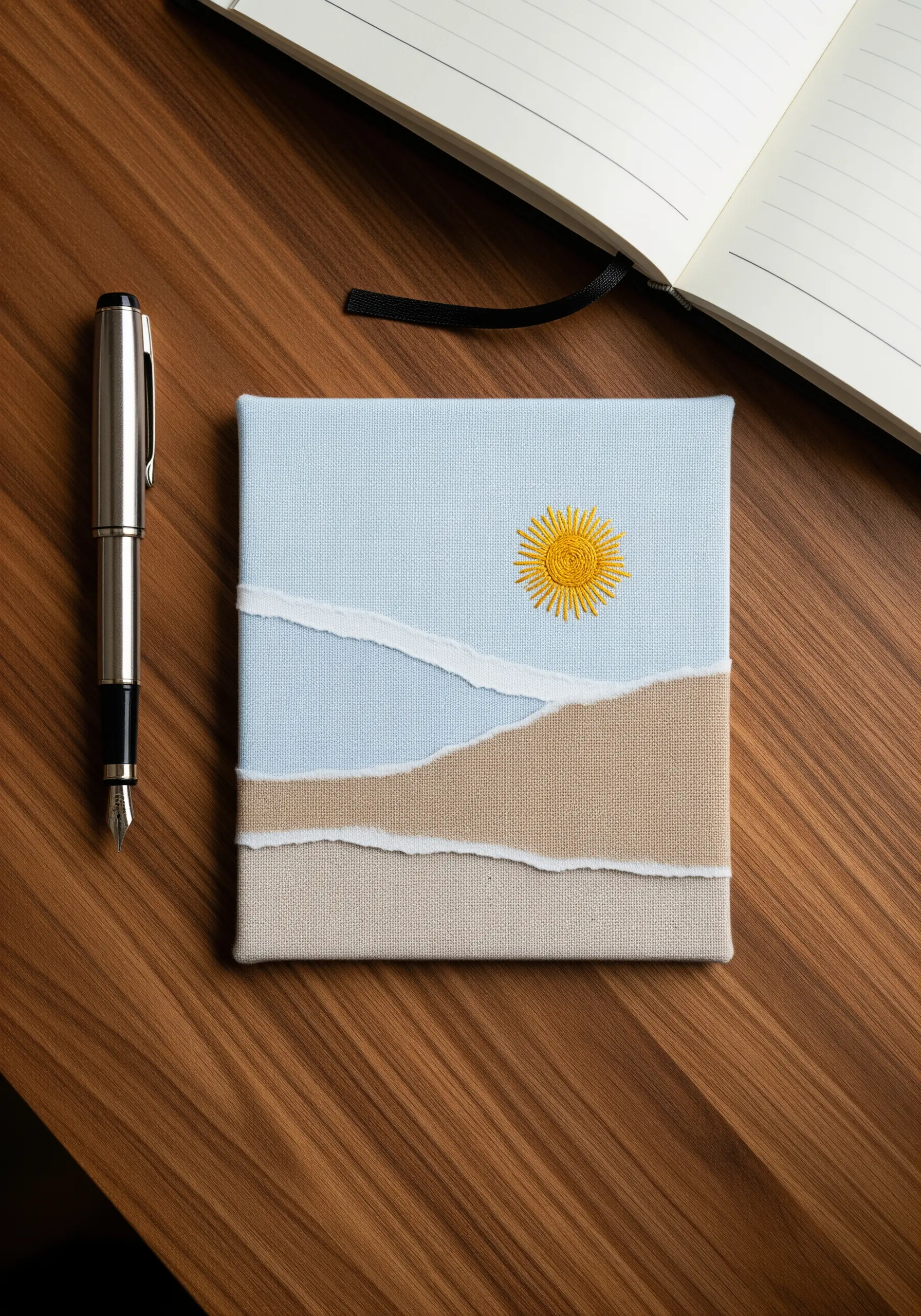 A minimalist landscape made with torn-edge fabric layers and a small embroidered sun.