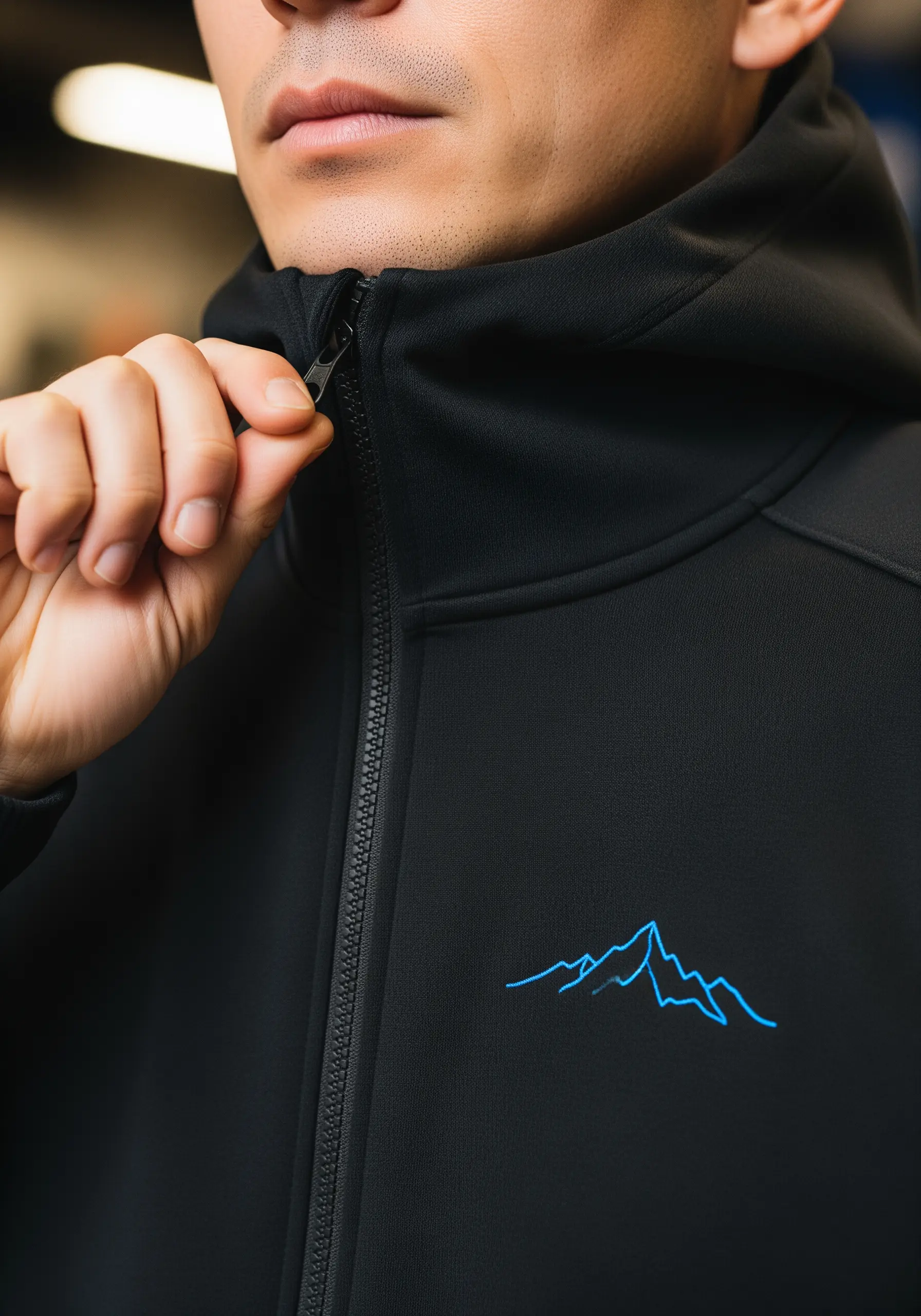 A bright blue single-line mountain range embroidered on a black hoodie.