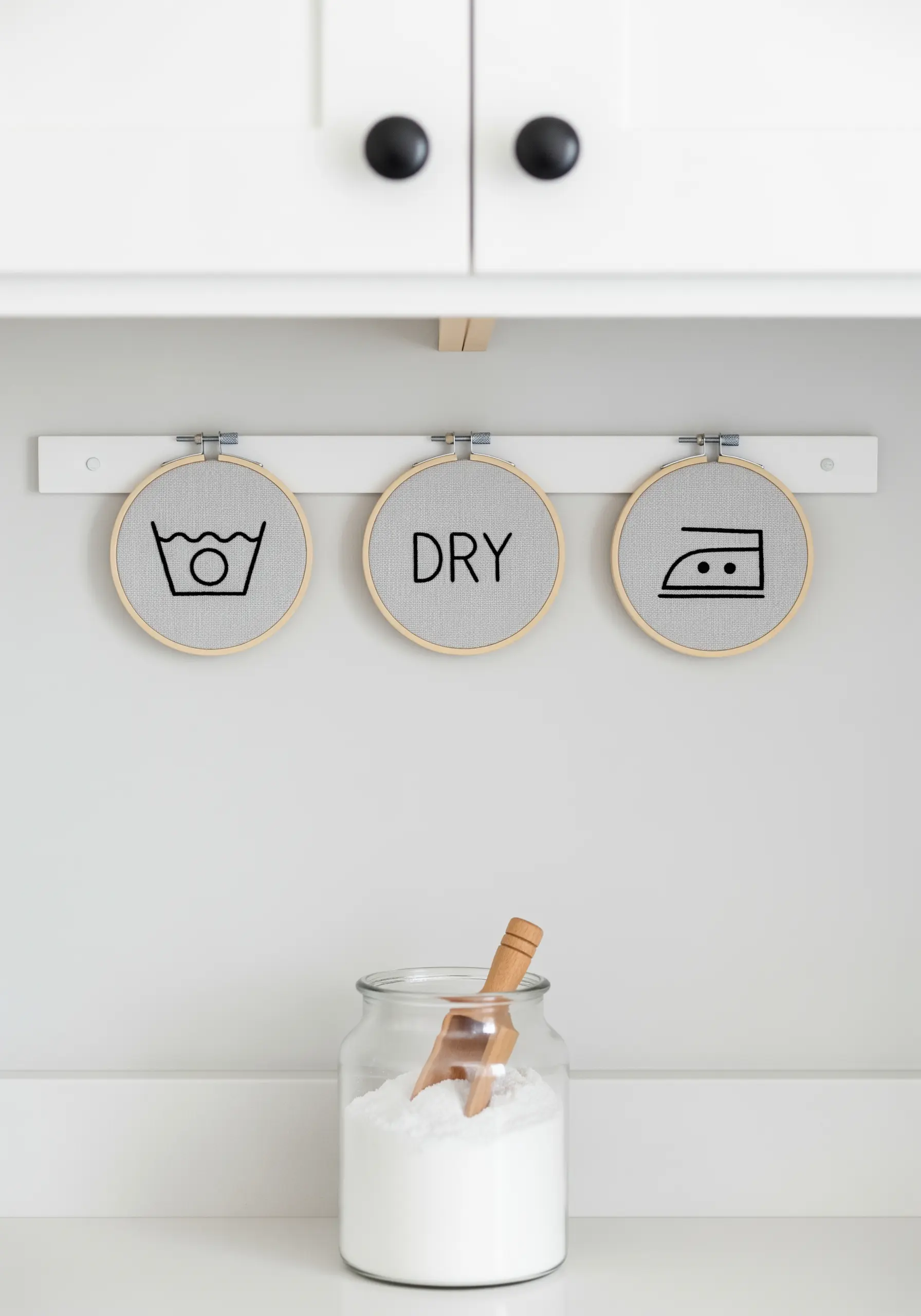 Laundry symbol embroidery hoops hanging in a laundry room