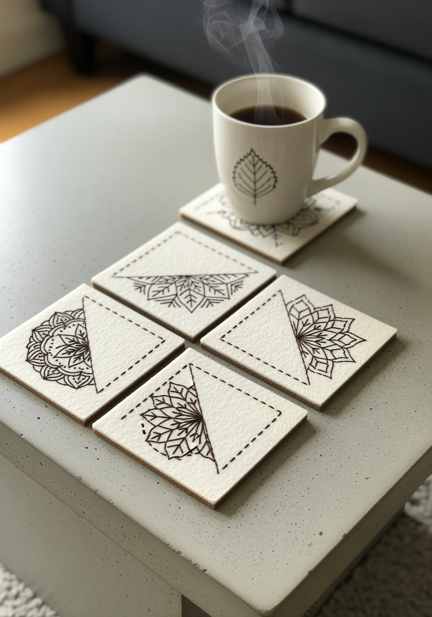 Minimalist black line-art leaf mandalas stitched onto square fabric coasters.