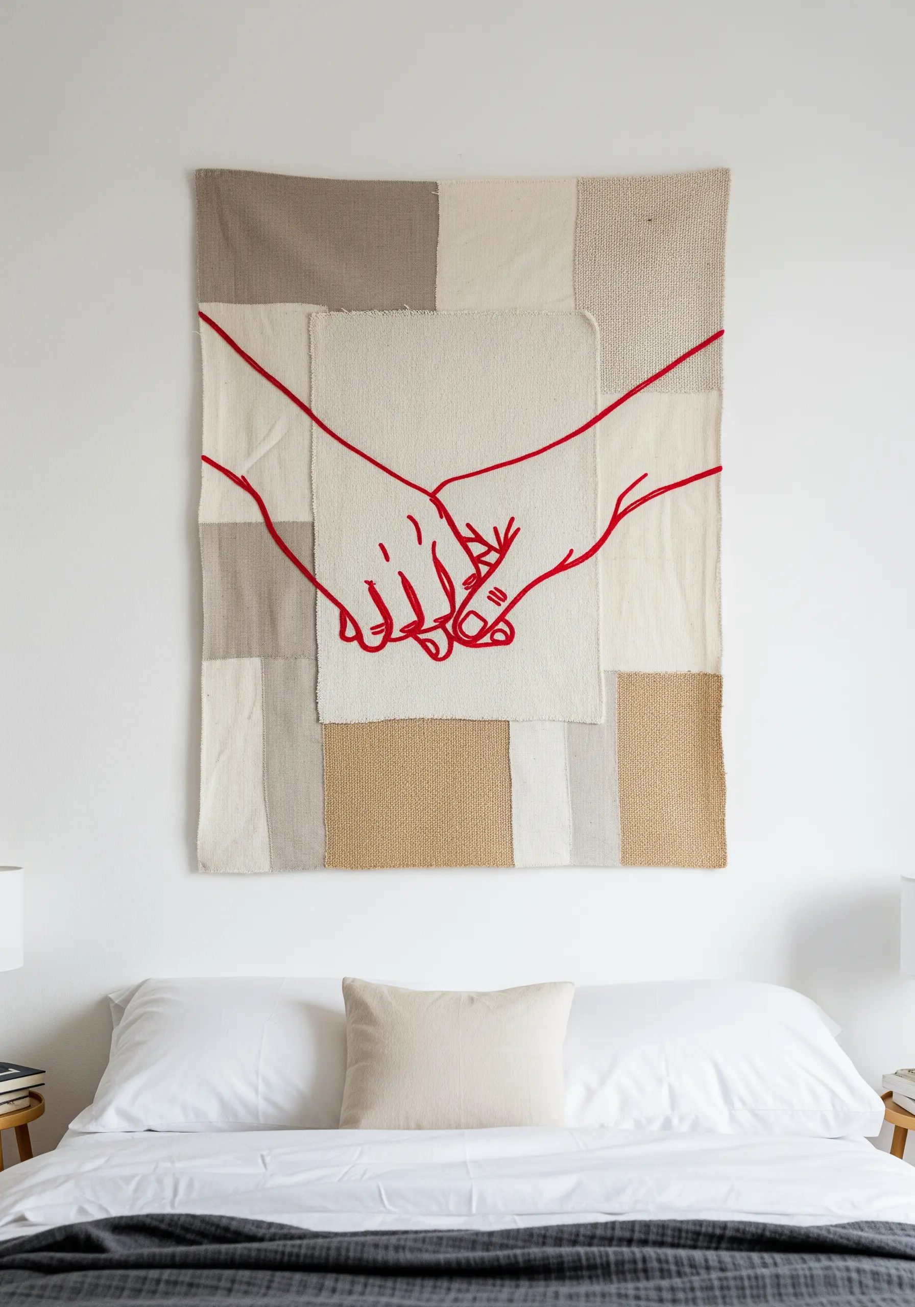 A single red line embroidery of two holding hands on a neutral patchwork fabric background.