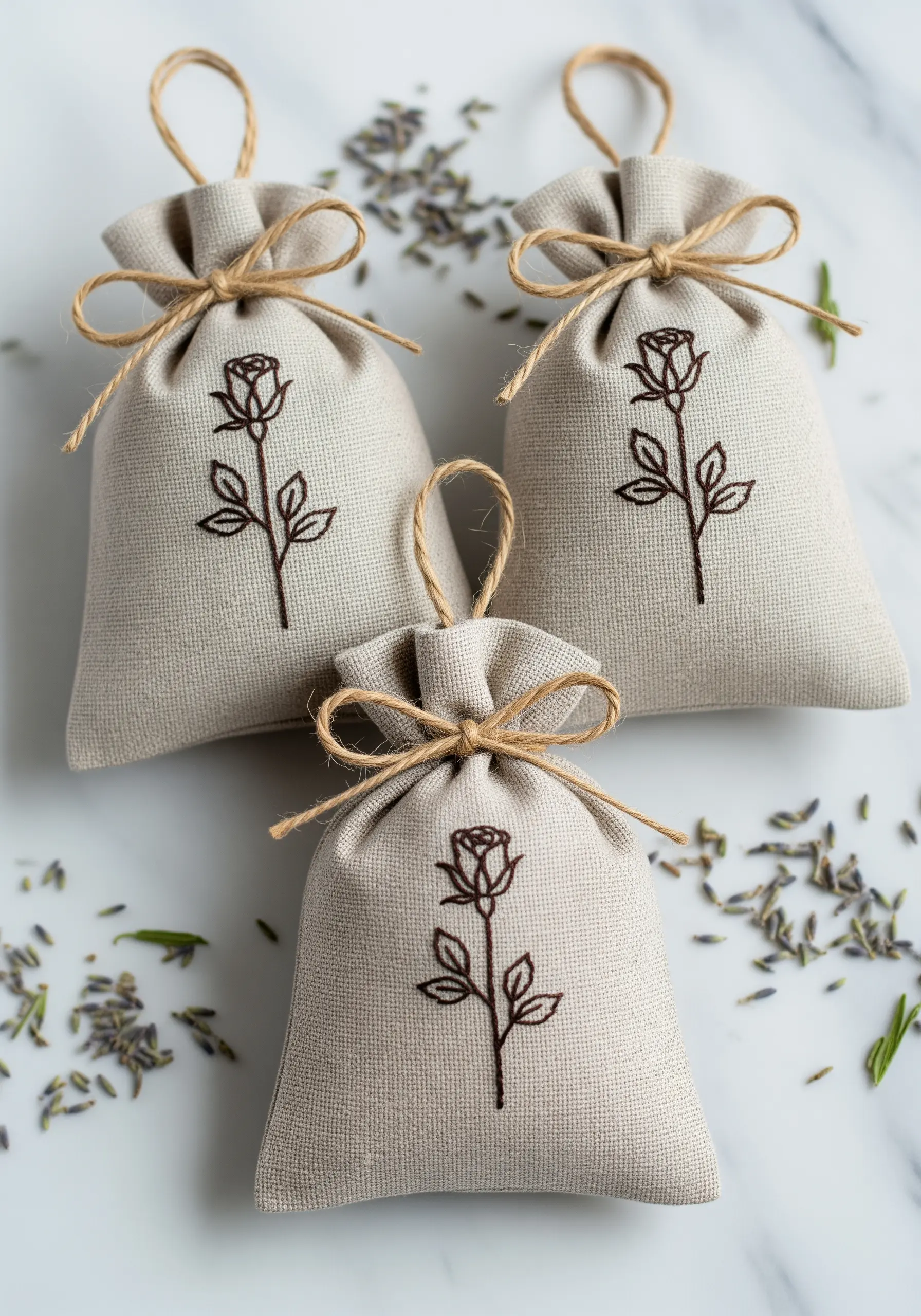 Simple line art rose embroidery on linen sachet bags