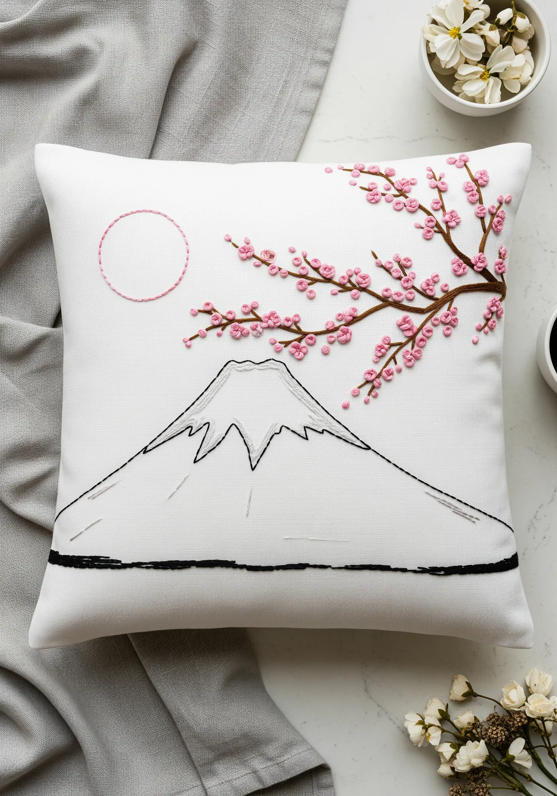 Minimalist pillow with an outline of Mount Fuji and a branch of pink cherry blossoms.