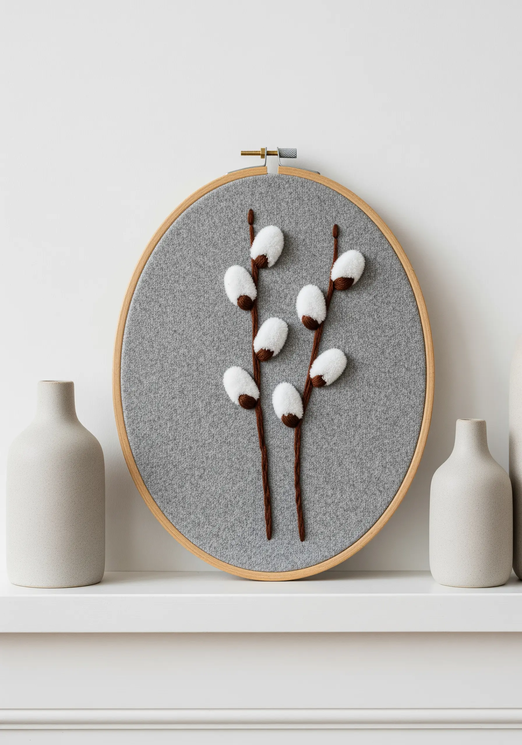 Minimalist embroidery of pussy willow stems with raised white catkins on grey felt.