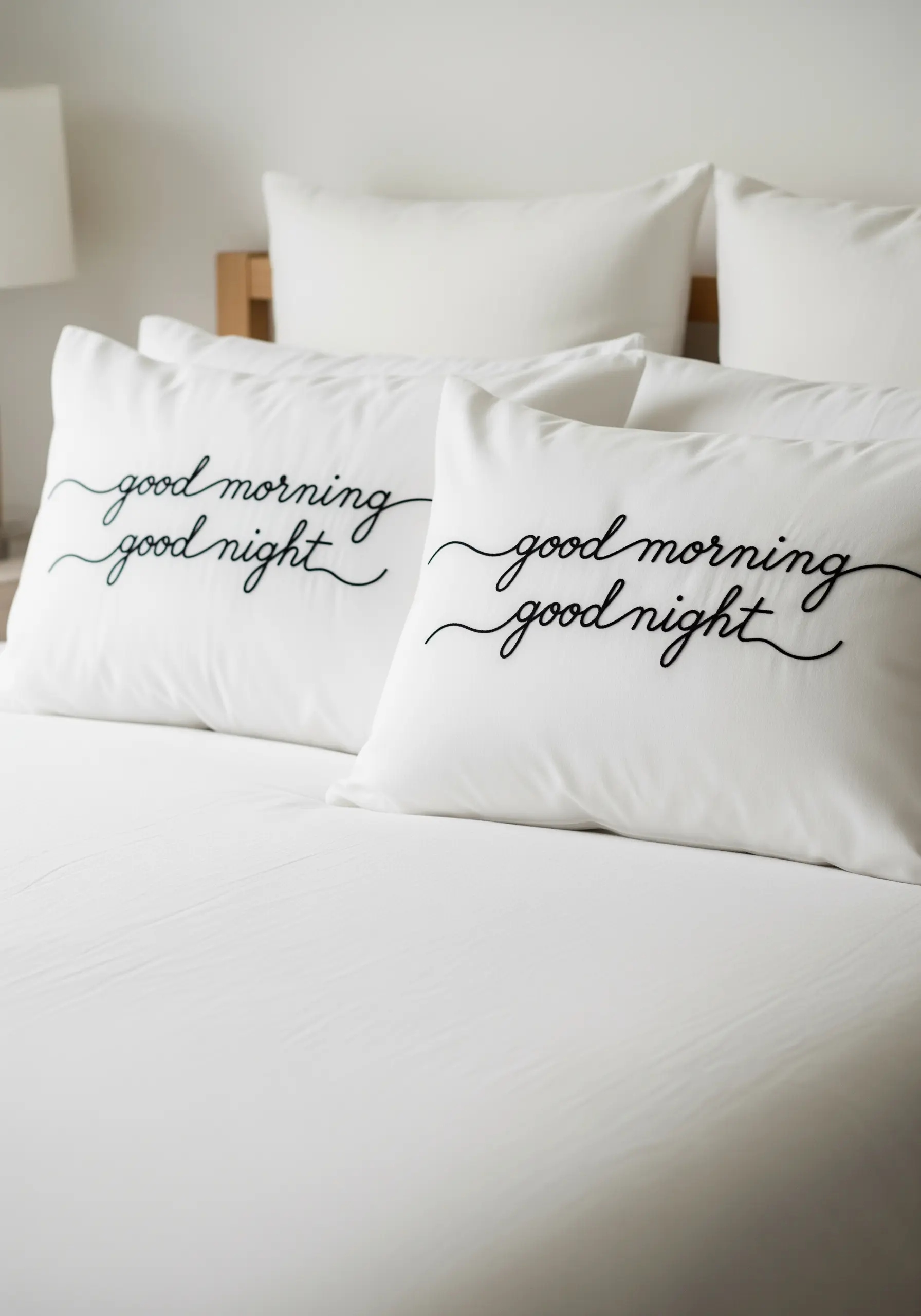 White pillowcases with 'good morning' and 'good night' in elegant black script