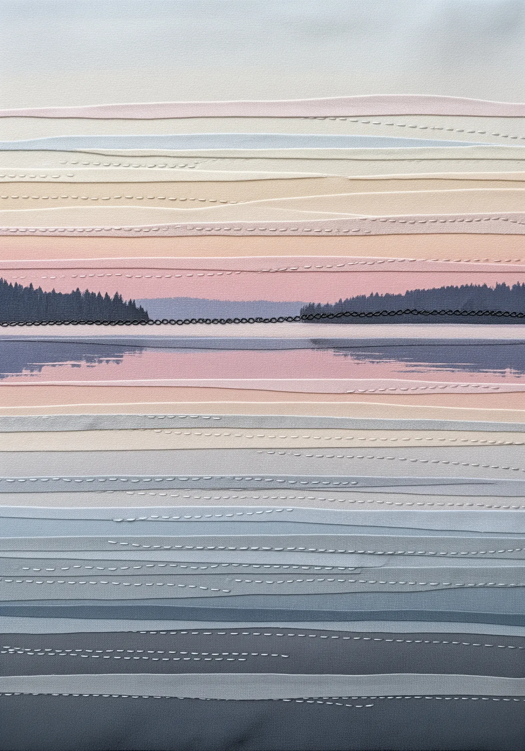 Abstract landscape with layered fabric strips and minimal running stitches.