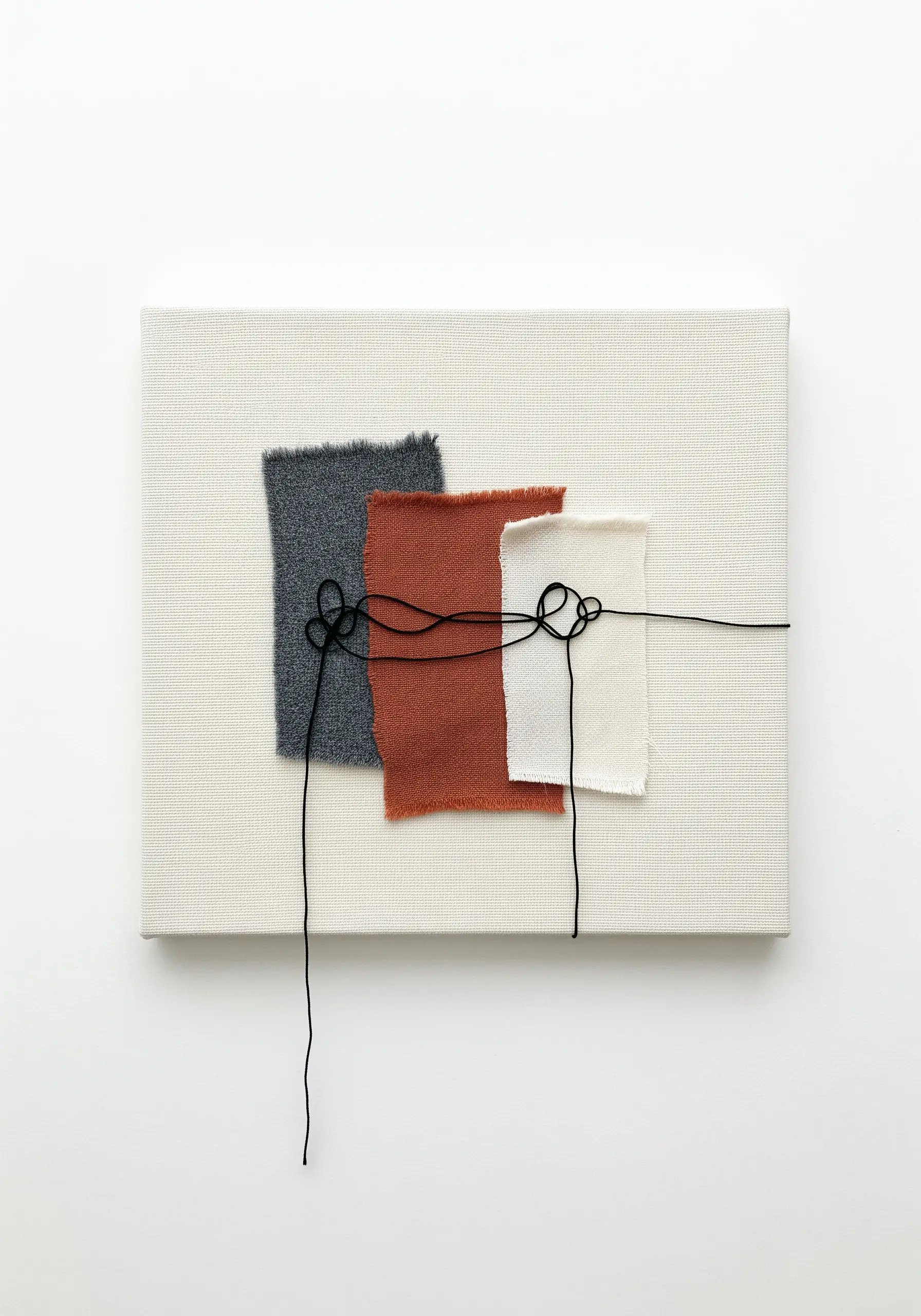 Three fabric swatches on a canvas, connected by a single black thread with knots.