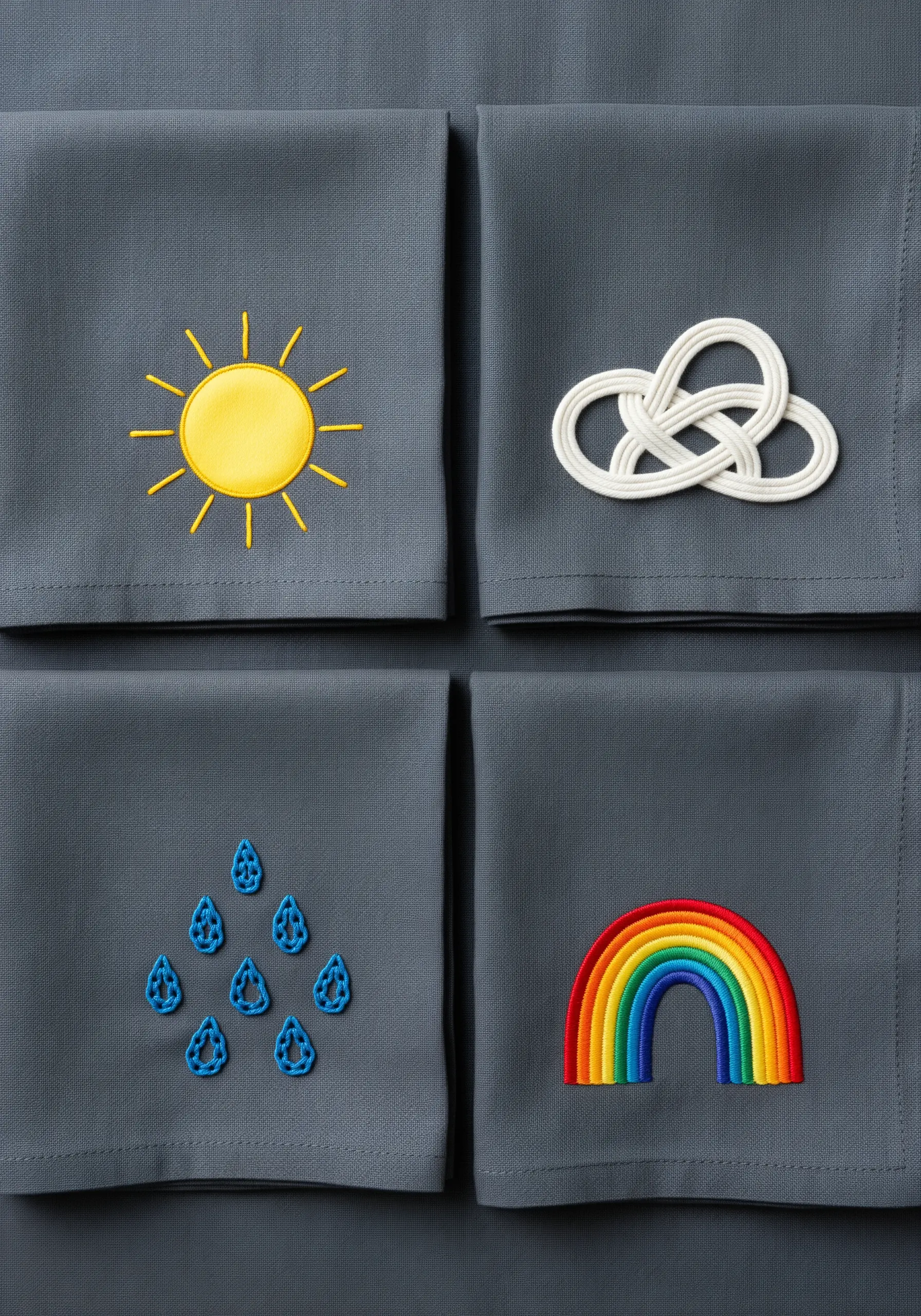 Four napkins with embroidered weather icons: sun, cloud, rain, and rainbow.