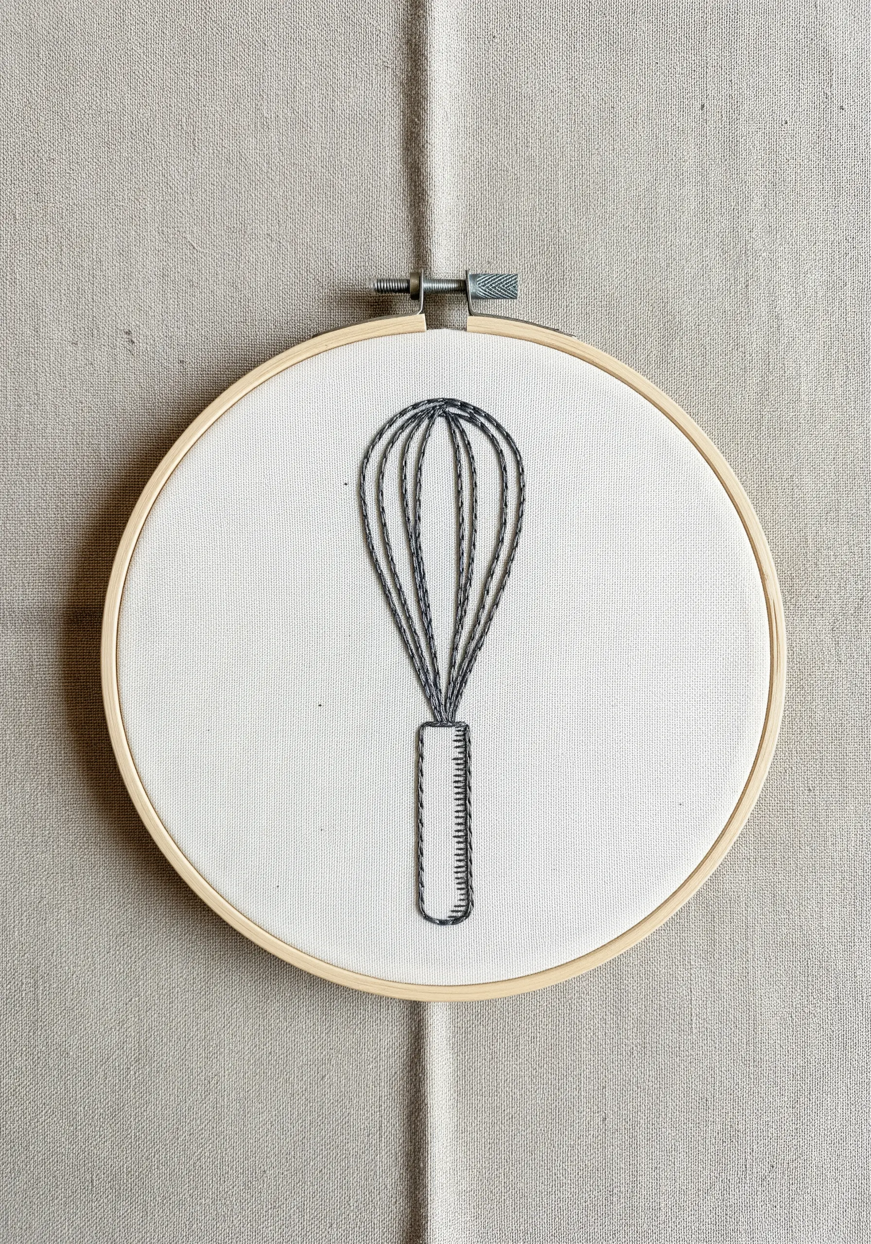 Wire whisk embroidery using whipped backstitch on linen