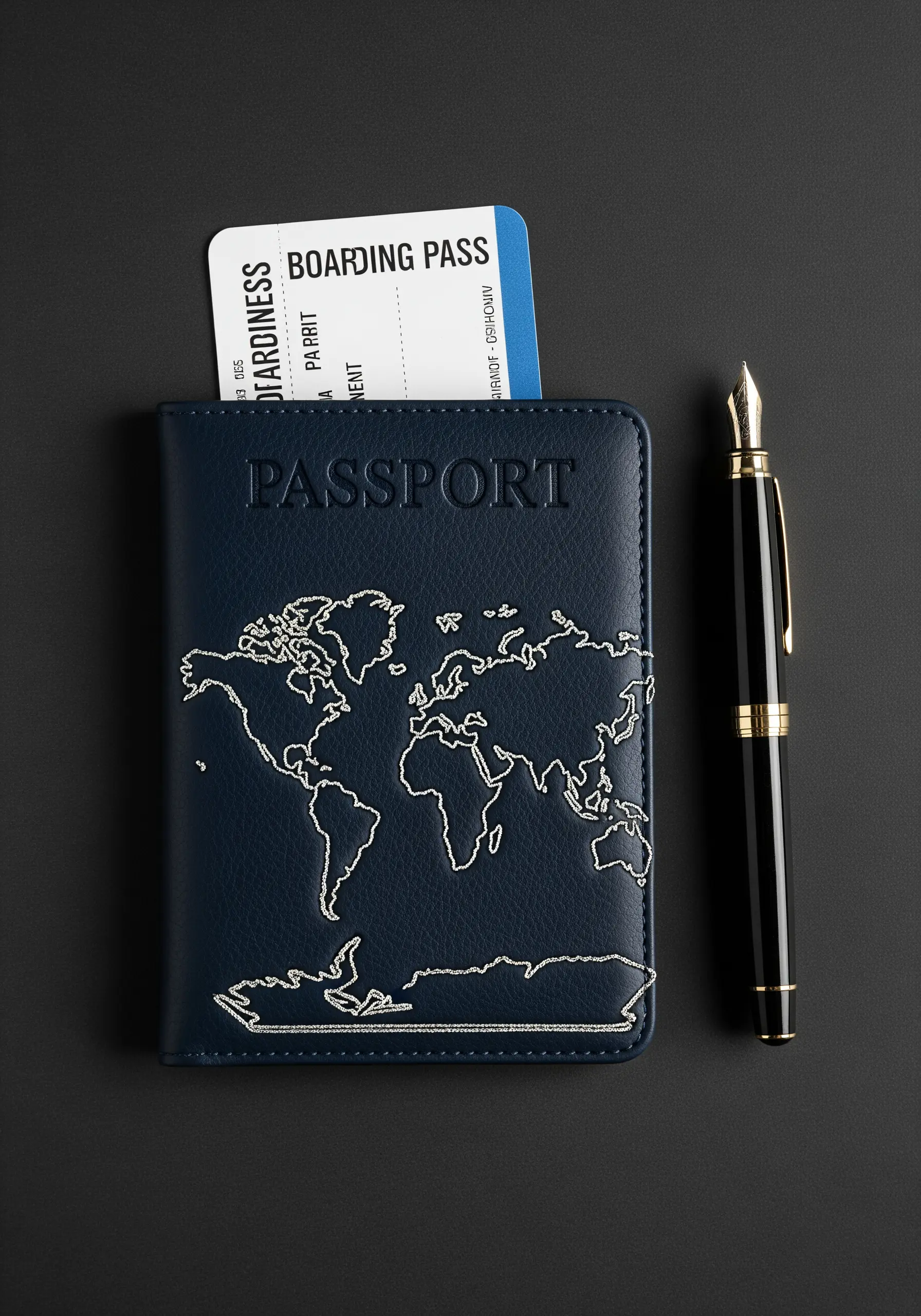 A navy blue passport cover with a minimalist world map embroidered in silver thread.
