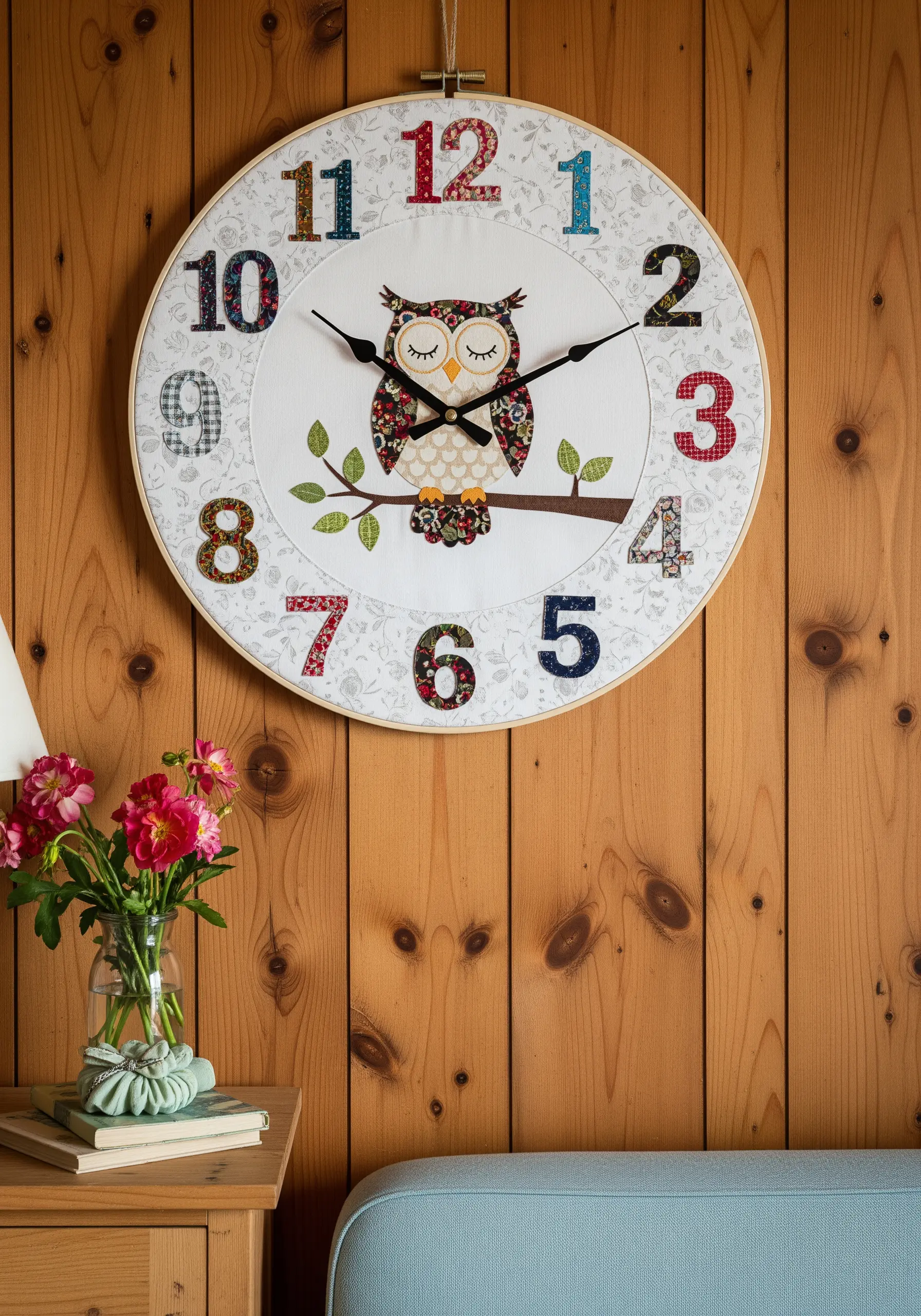 An embroidery hoop clock with an appliqué owl and numbers made from various patterned fabrics.