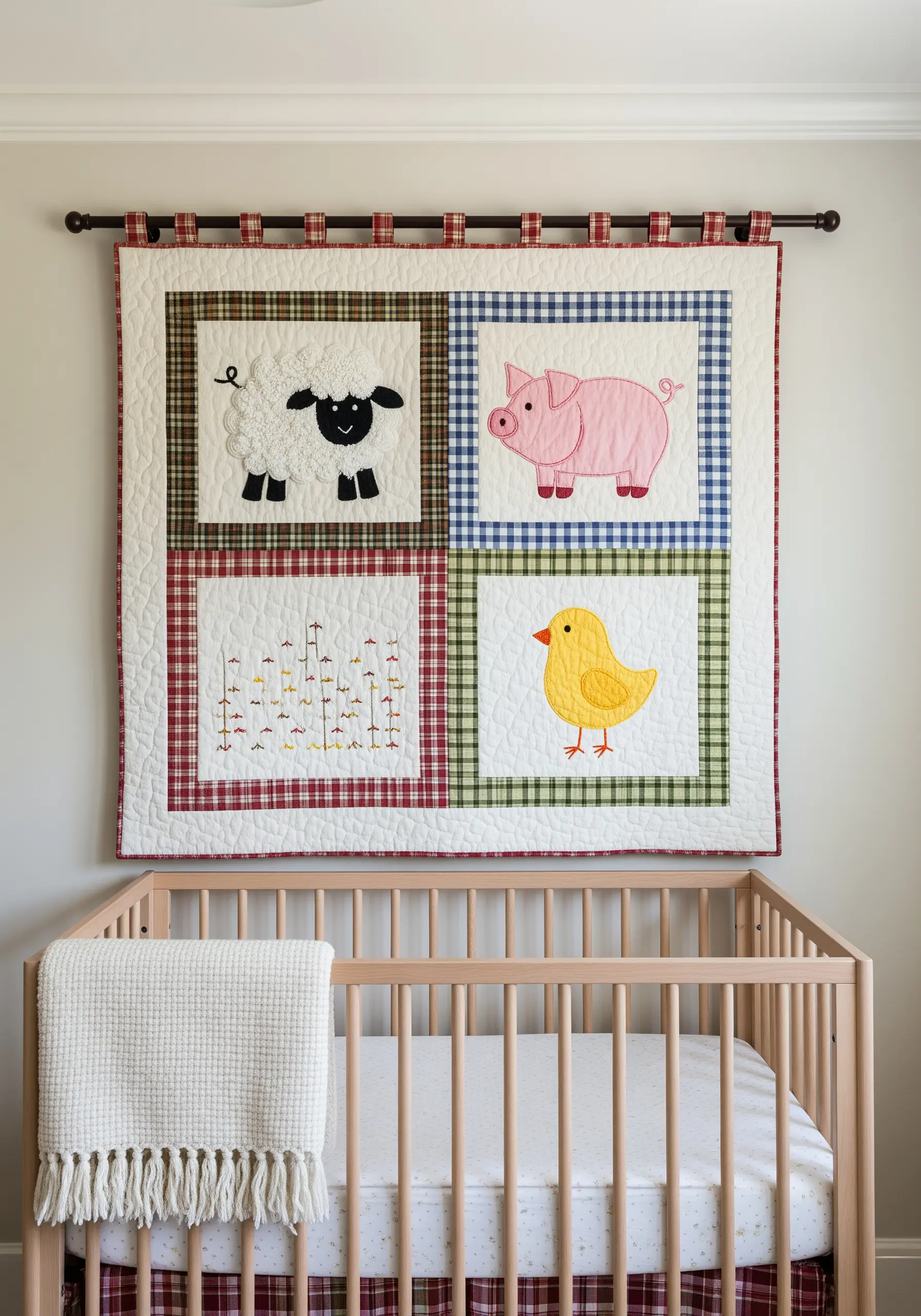 A quilted wall hanging with four panels, each featuring an embroidered farm animal.