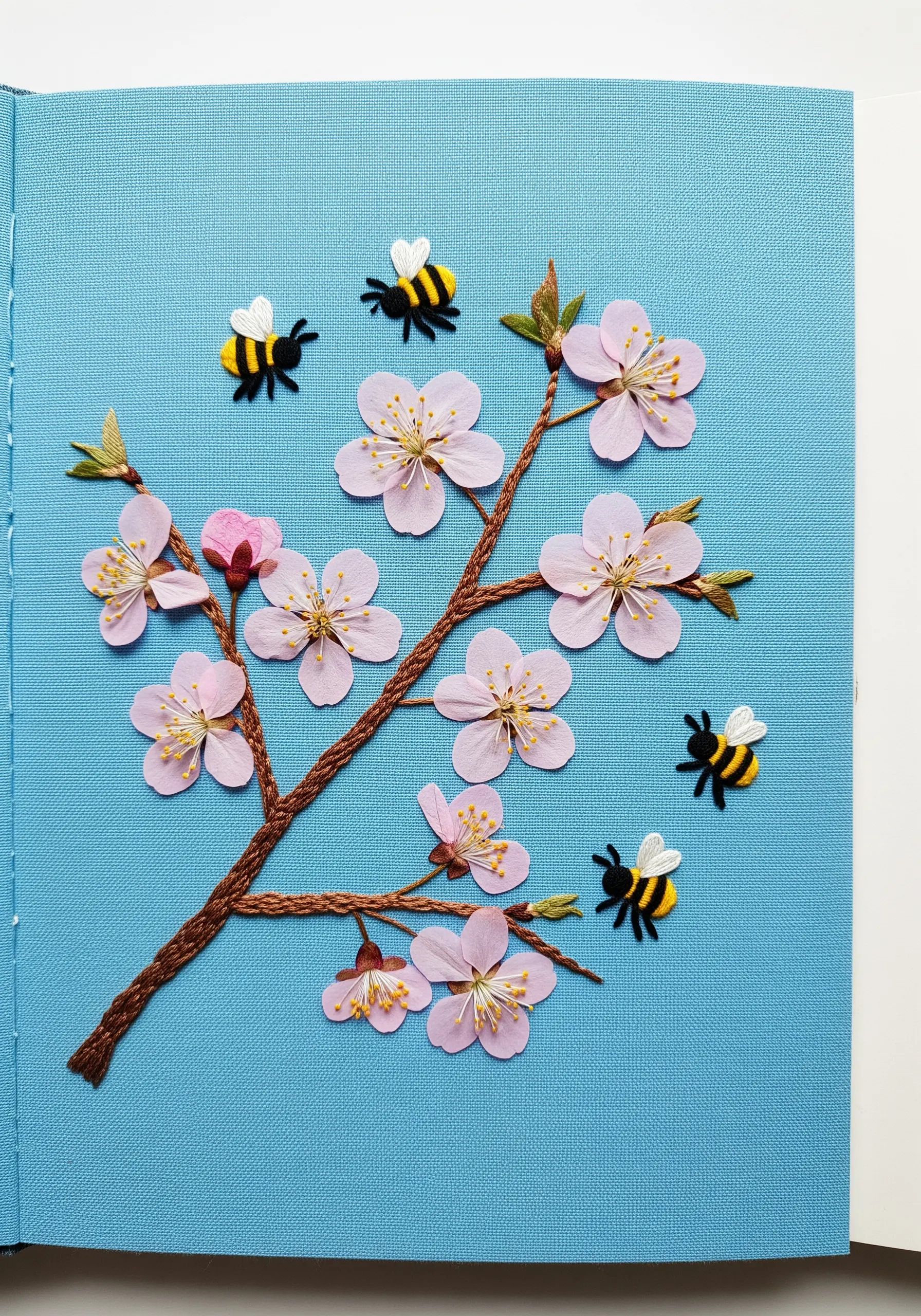 Pressed cherry blossoms on an embroidered branch with fuzzy, 3D embroidered bees.