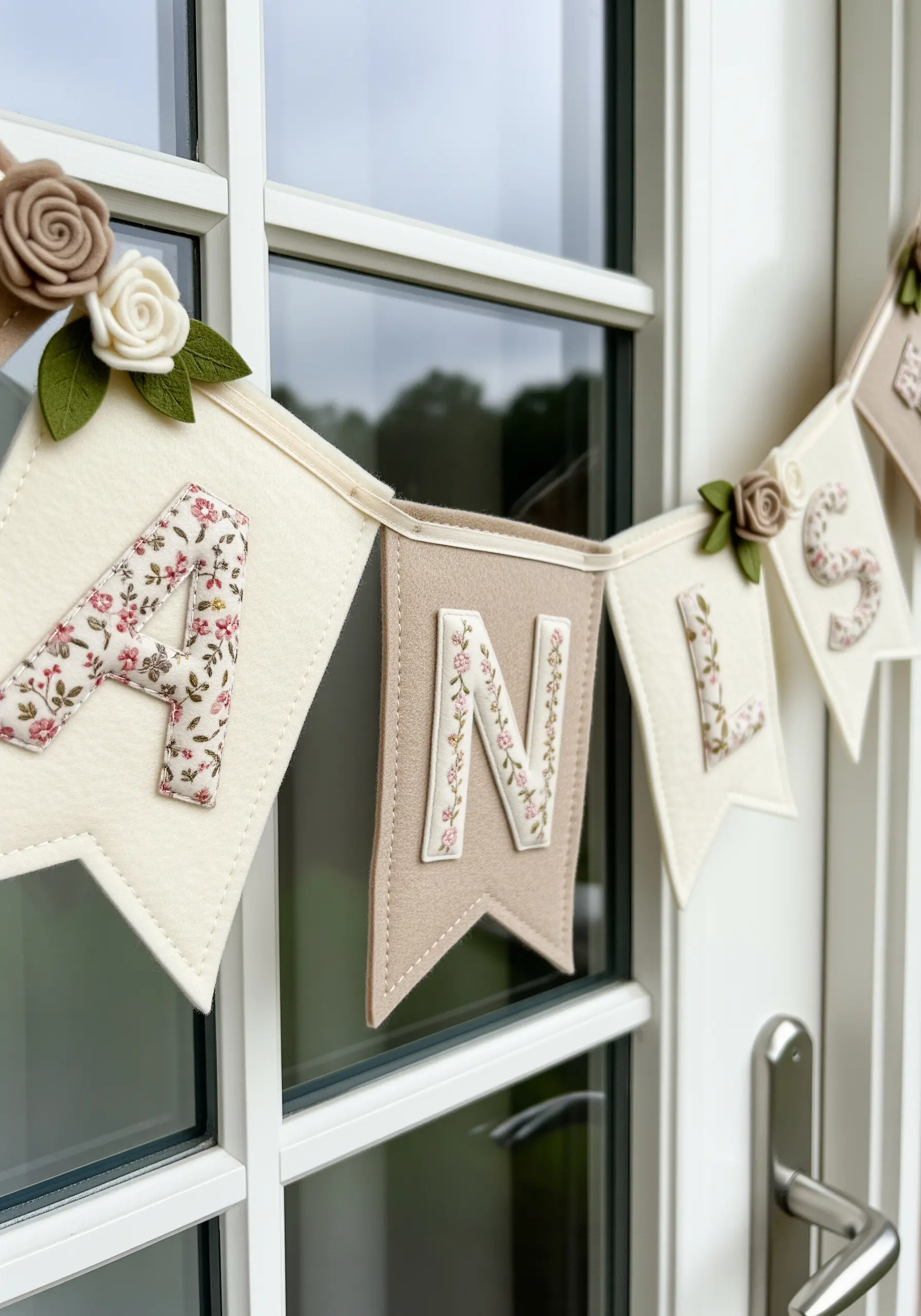 A personalized felt name banner with letters made from floral fabric and felt rose embellishments.