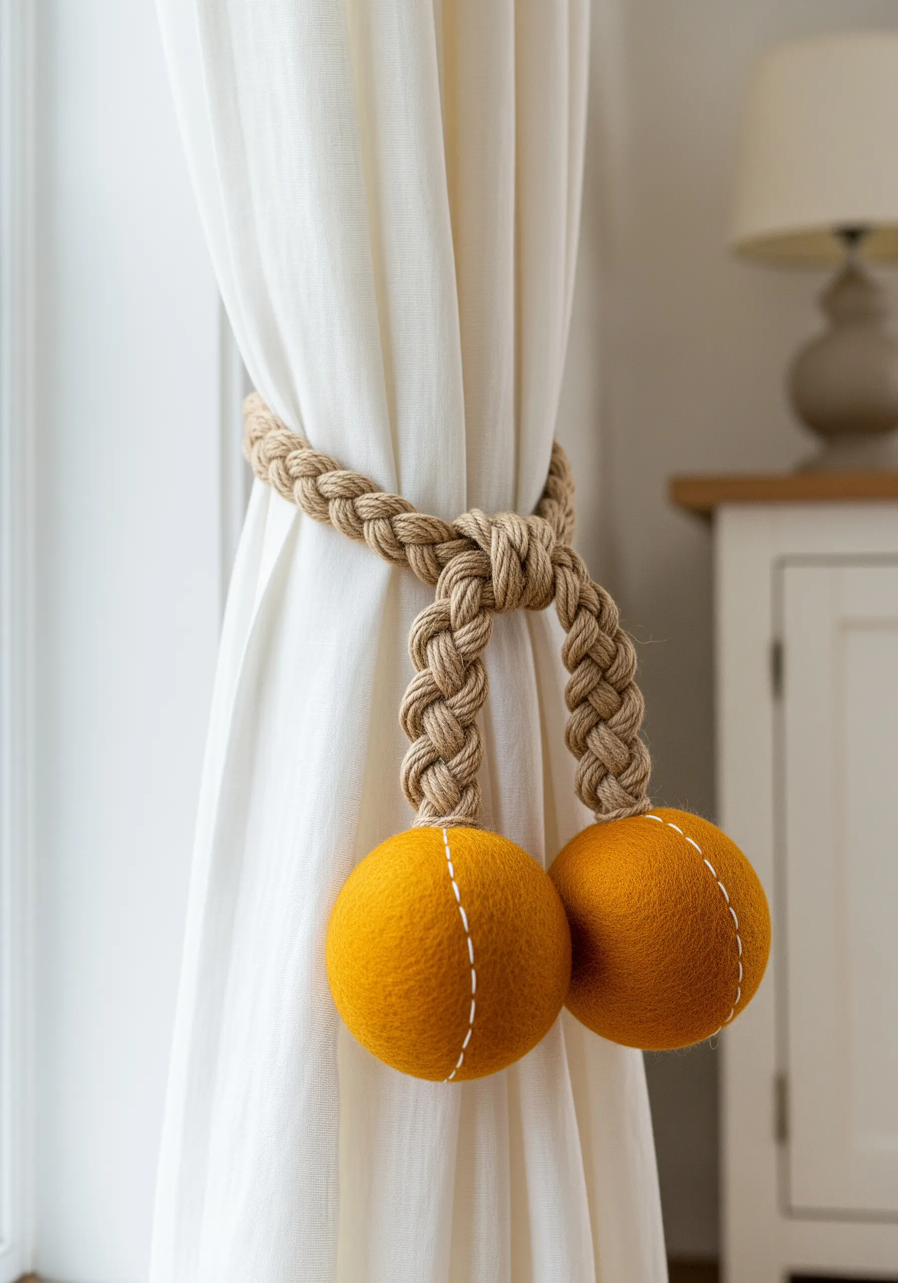 A braided rope curtain tie-back with two large, mustard-yellow felt balls at the ends.