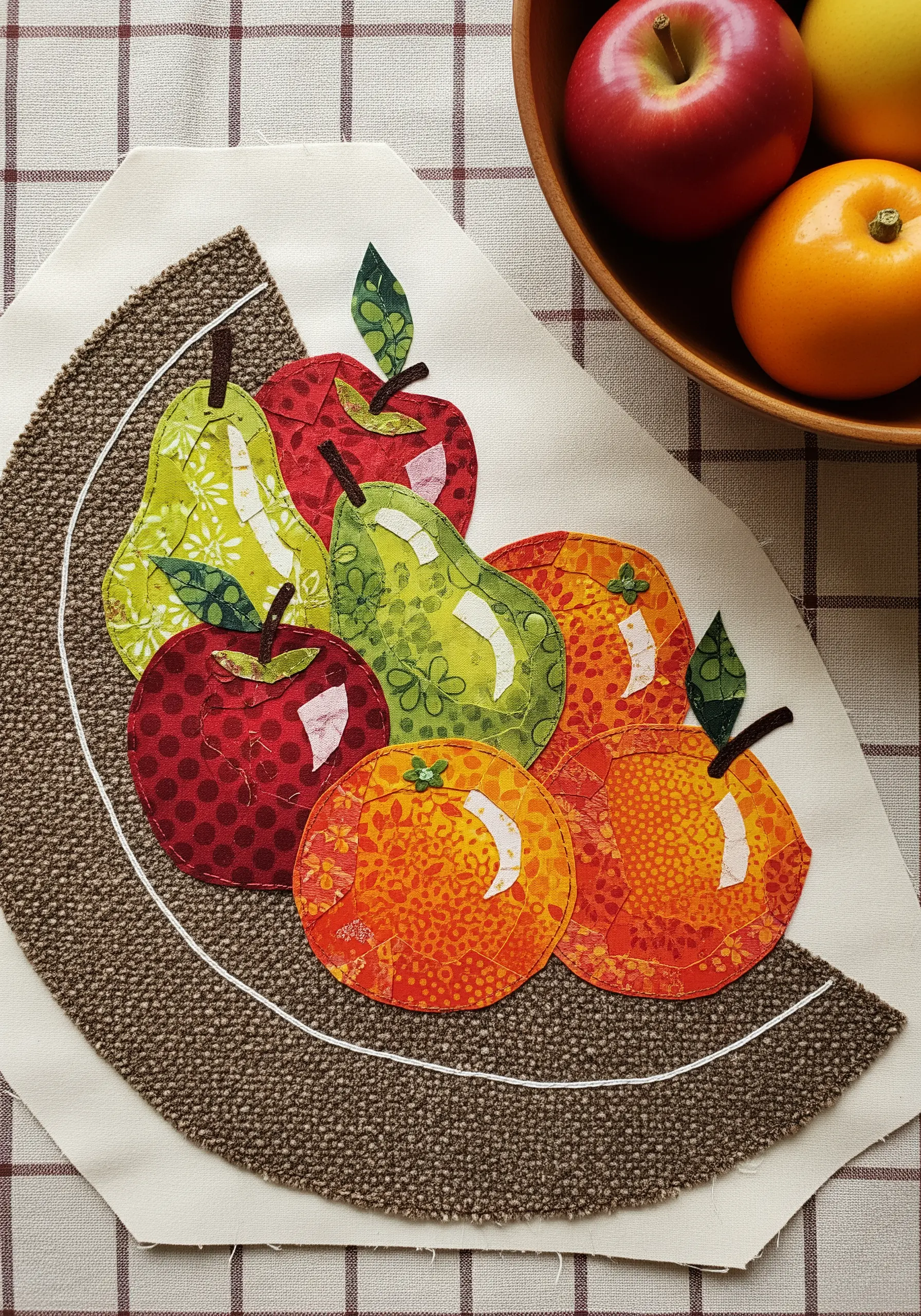 A fabric collage of a fruit bowl, using different patterned fabrics for the apples, pears, and oranges.