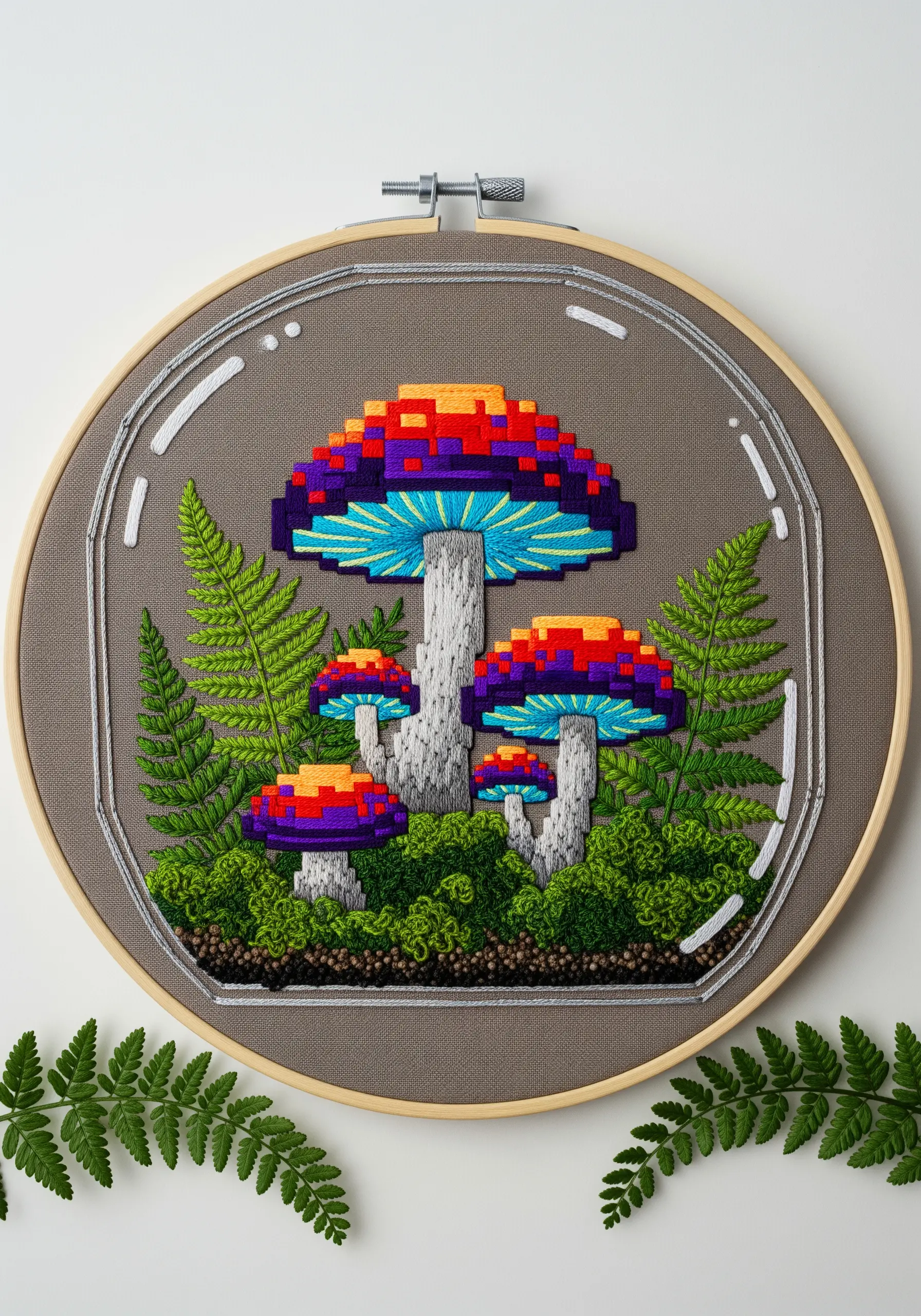 Embroidered terrarium with pixel art mushrooms, realistic ferns, and french knot moss.
