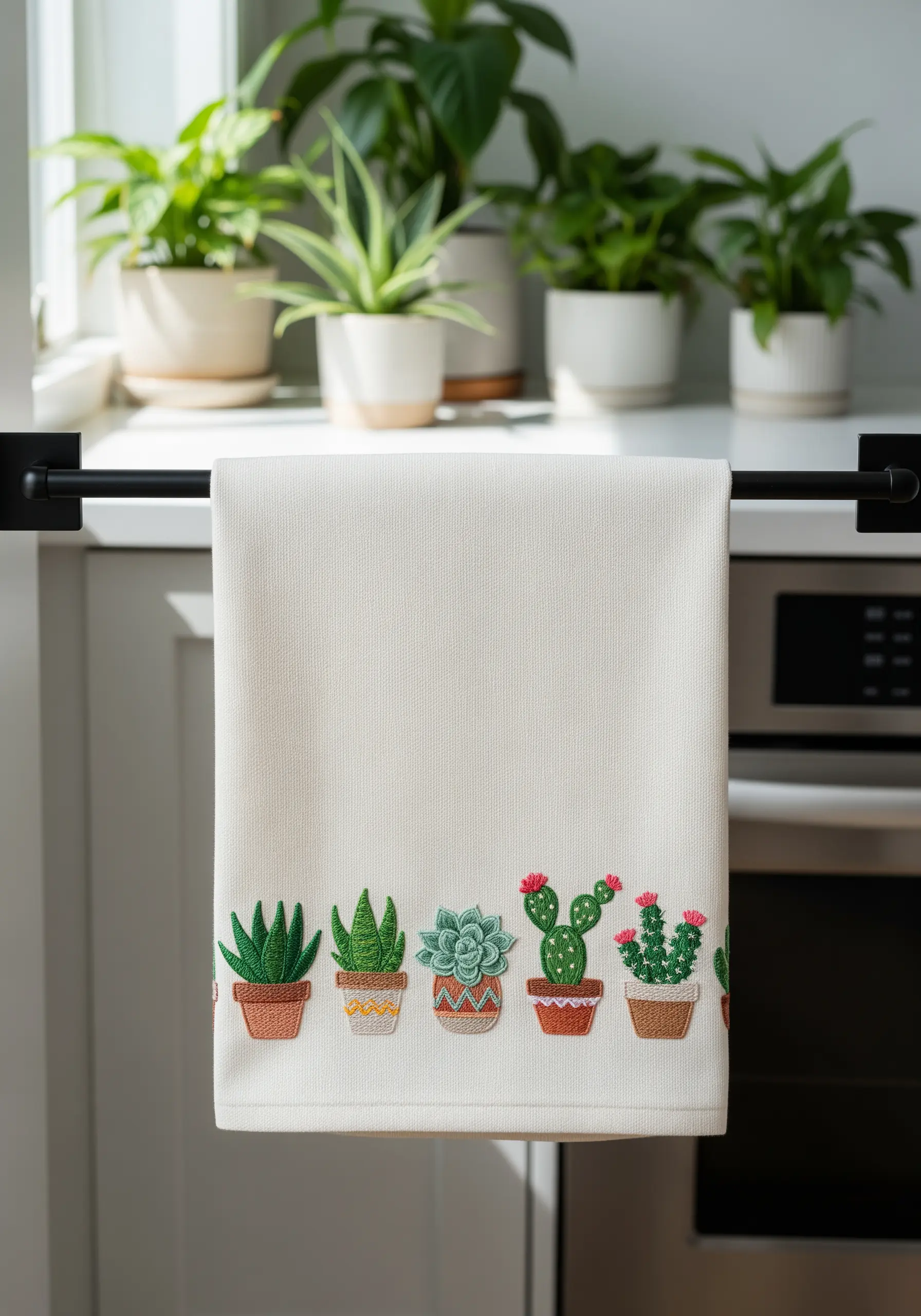 A border of various potted cacti and succulents embroidered on a cream kitchen towel.