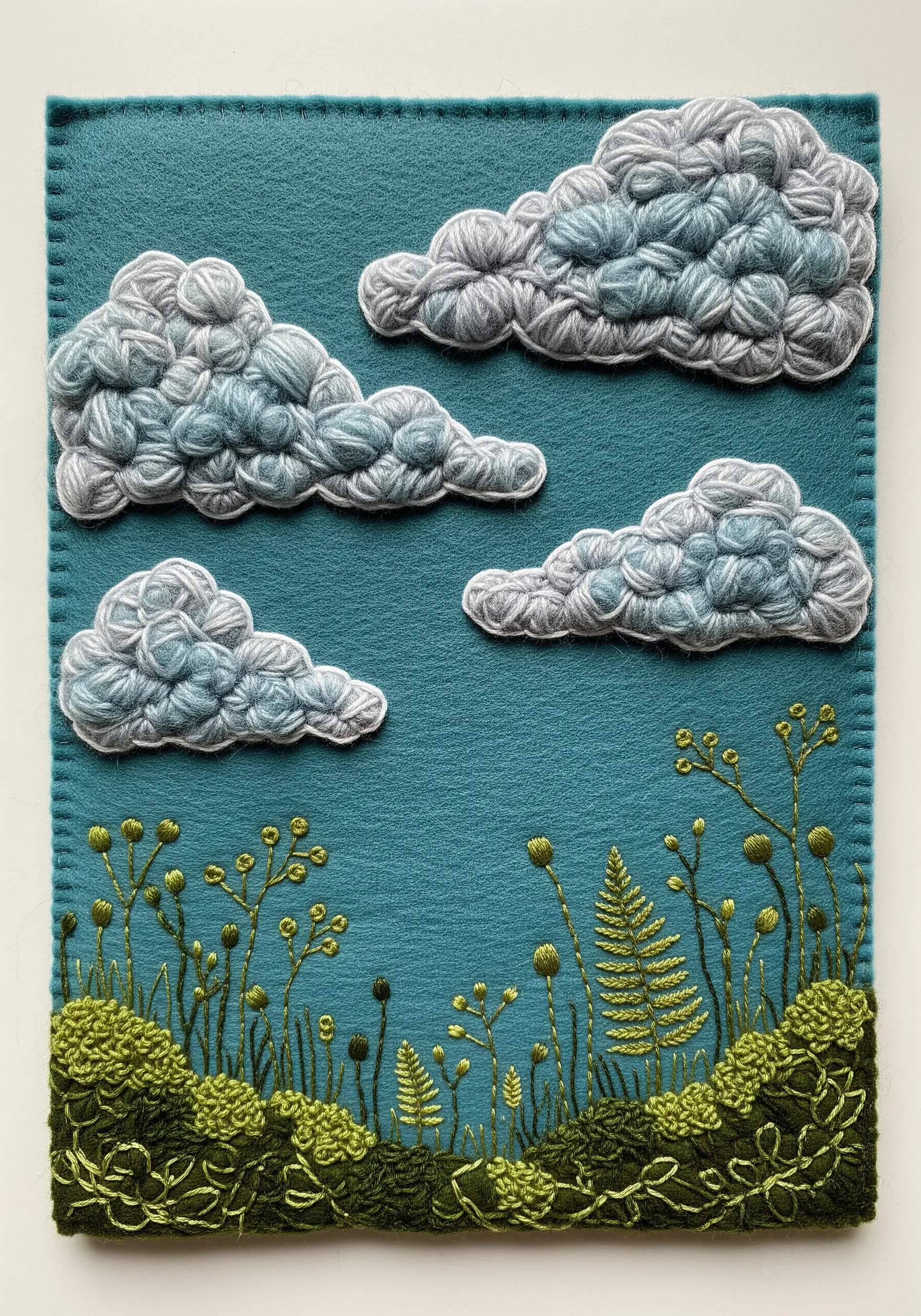 Felt background with wool roving clouds and embroidered plants