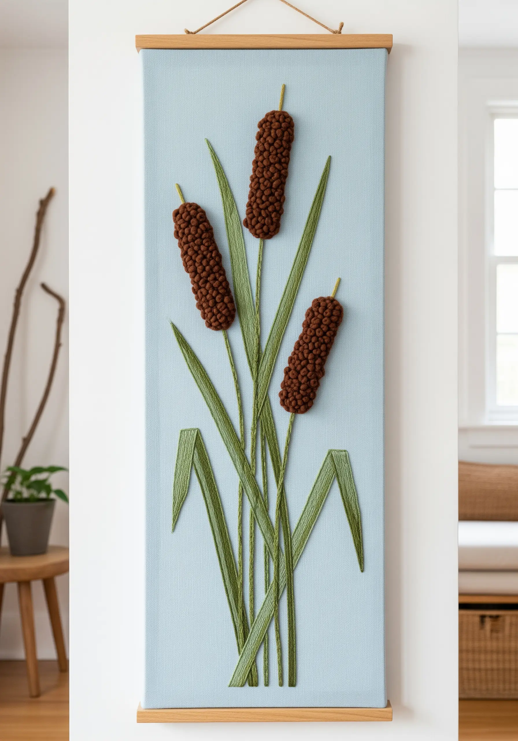 Three-dimensional cattails embroidered on a canvas wall hanging with yarn and thread.