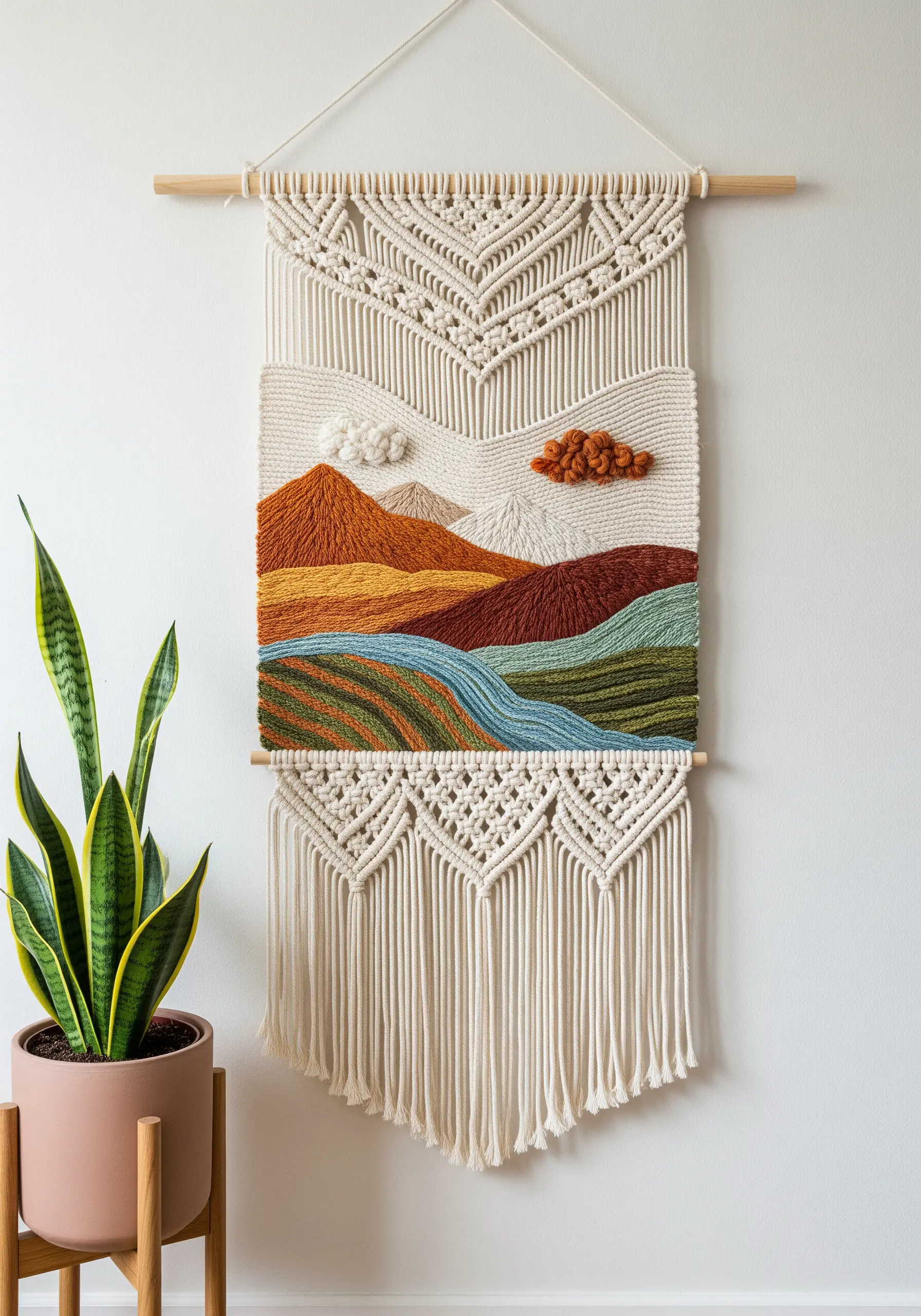 Macrame wall hanging with embroidered mountain landscape