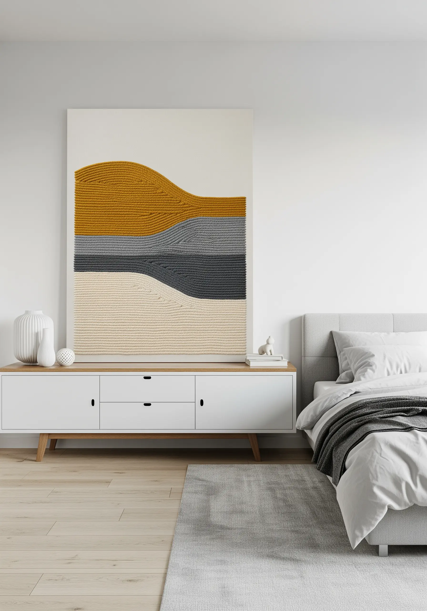 Large textured yarn wall art in yellow, grey, and white