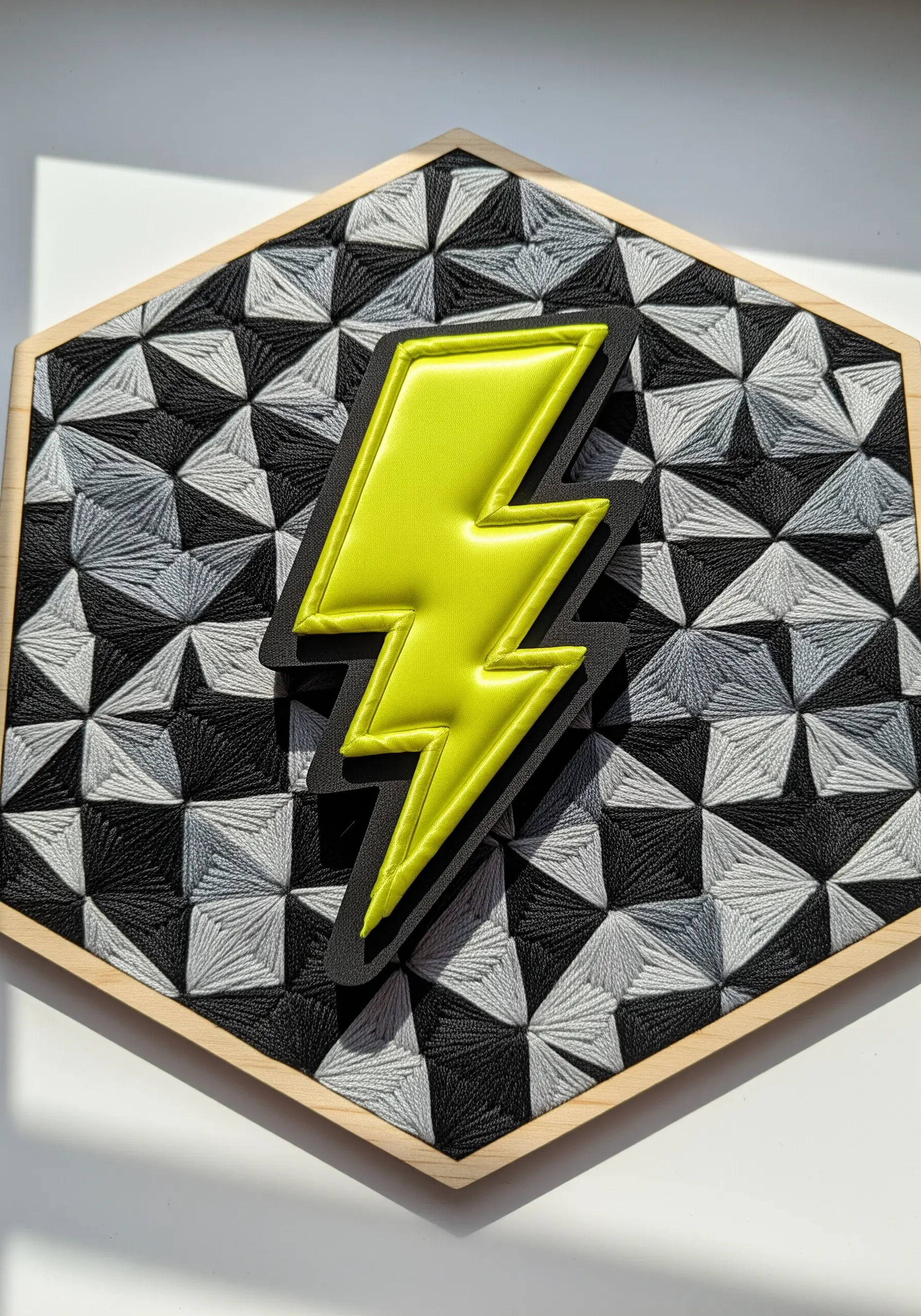 3D neon lightning bolt on geometric stitched background