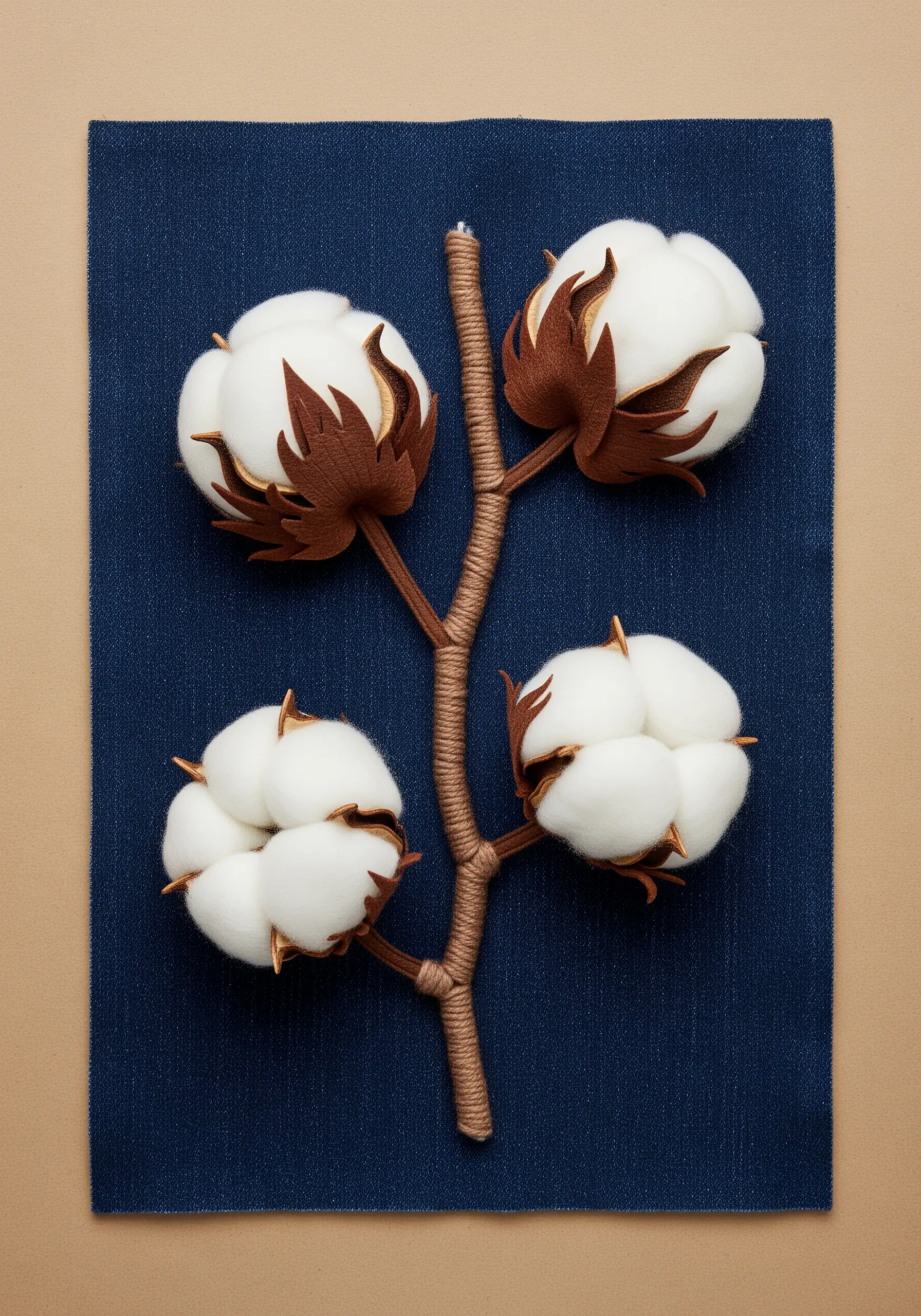 A dimensional representation of a cotton plant using real cotton balls, felt, and wrapped yarn.