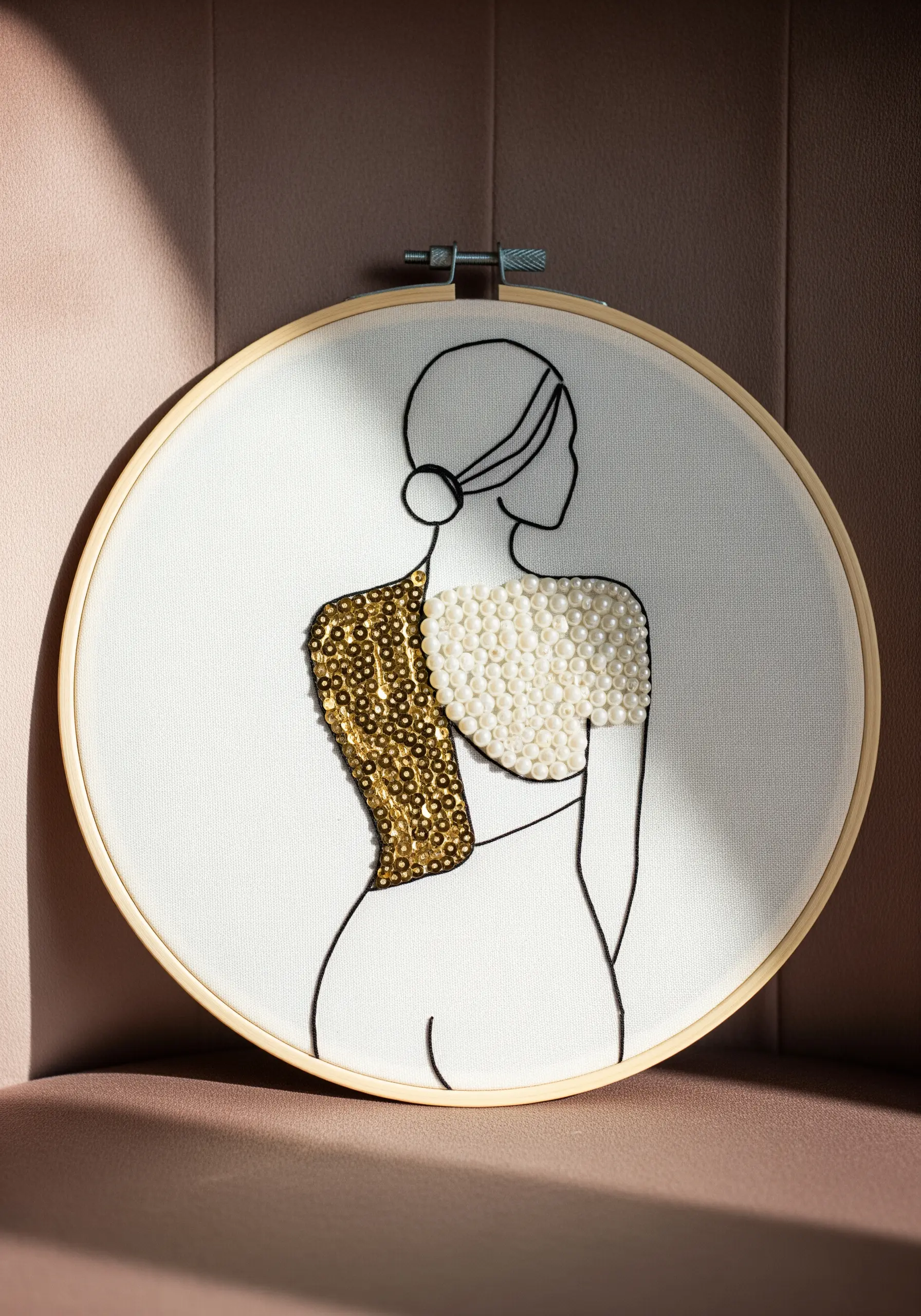 Line art embroidery of a woman with gold sequin detail