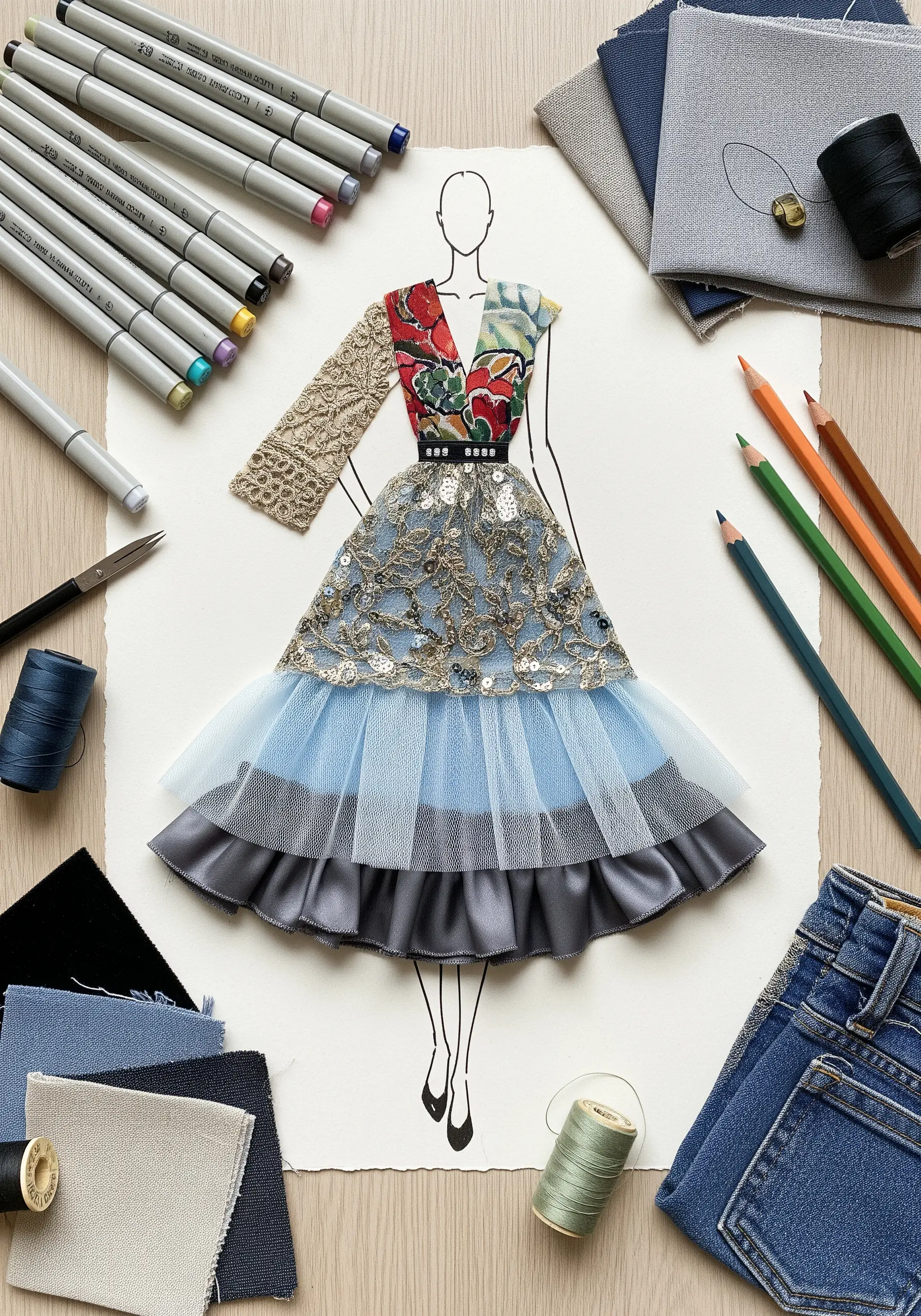 Fashion illustration sketch with real fabric and sequin dress