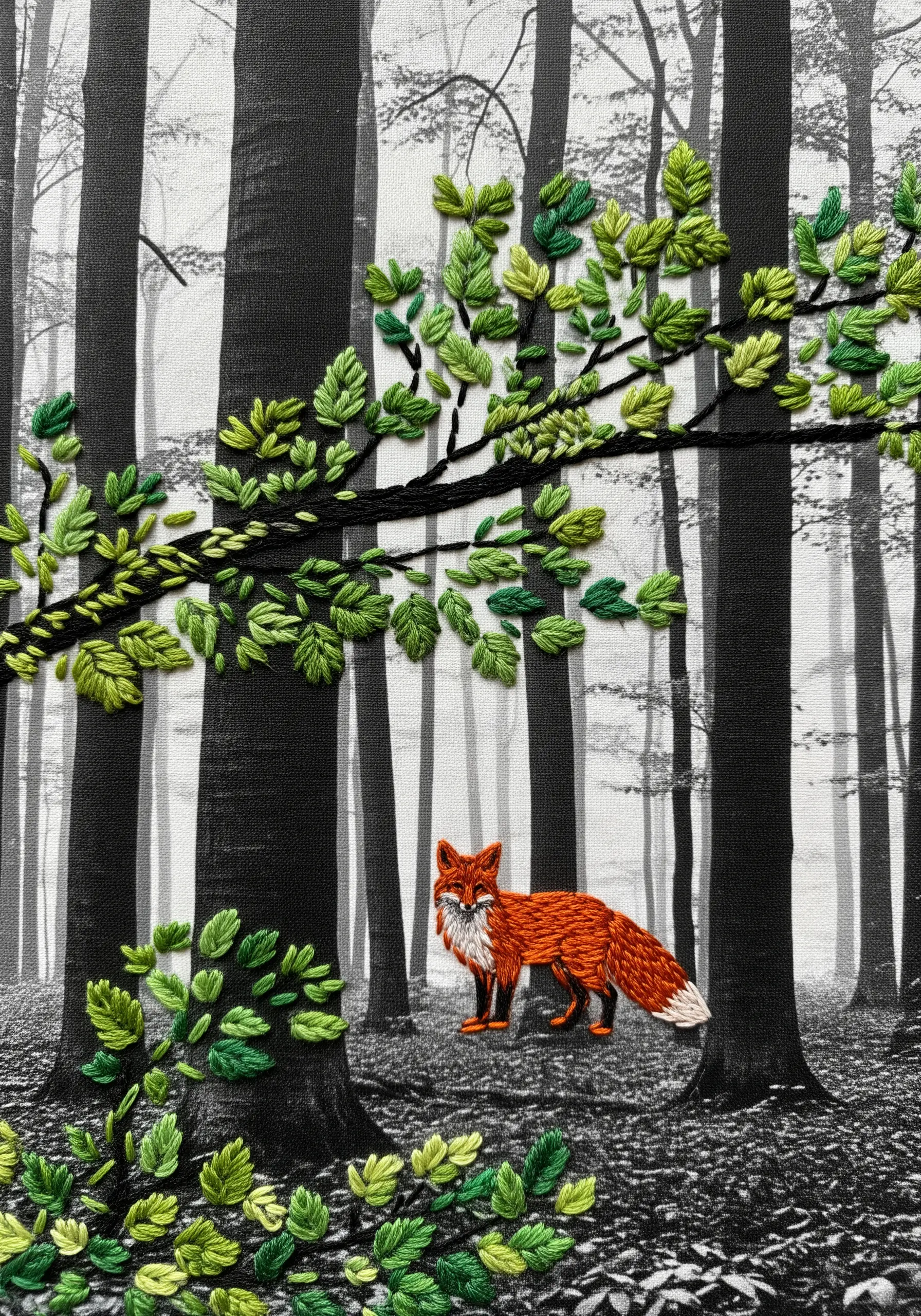An embroidered orange fox and green leaves stitched over a black-and-white photo of a forest.