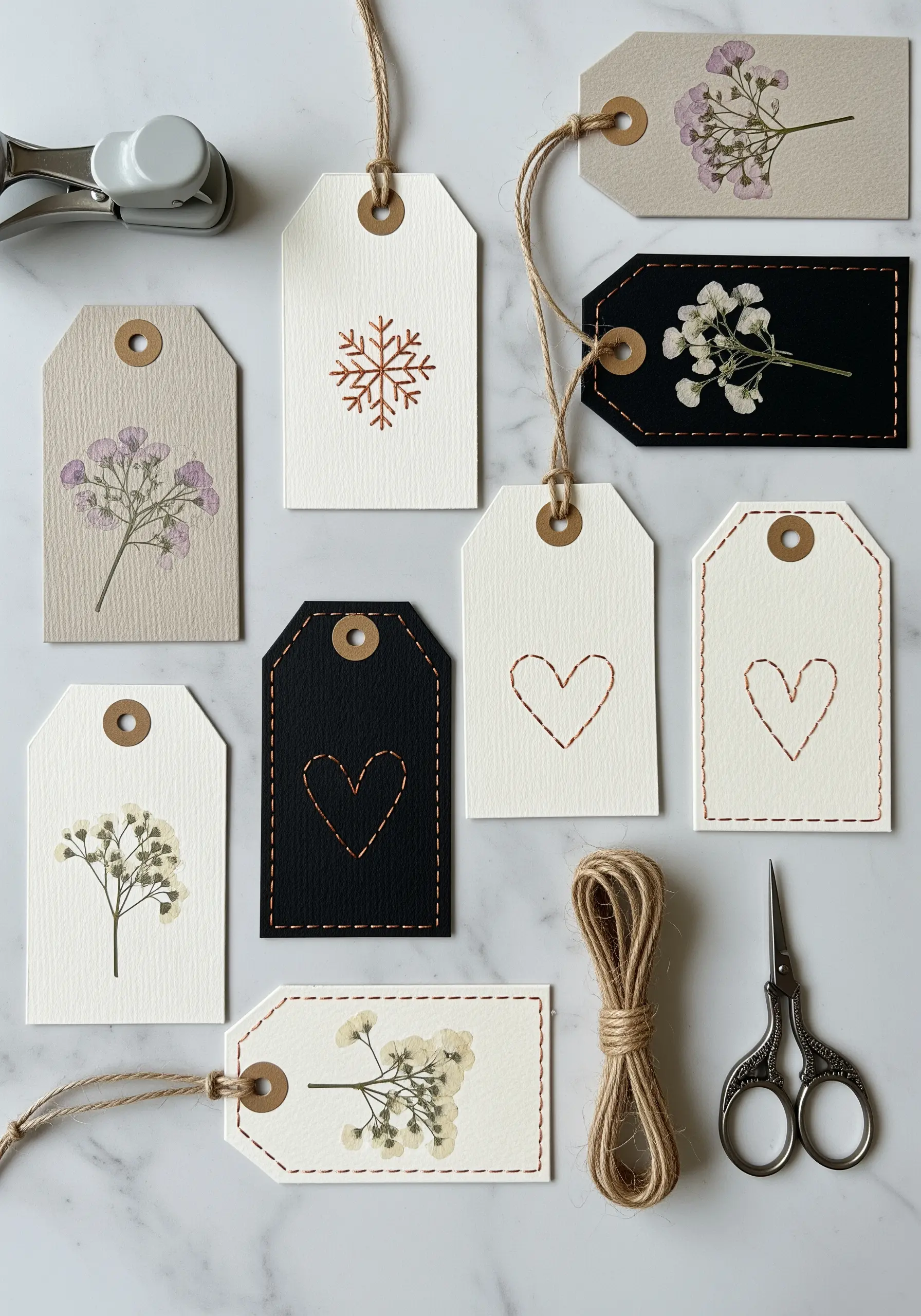 Assortment of handmade gift tags featuring simple embroidery and pressed flowers.