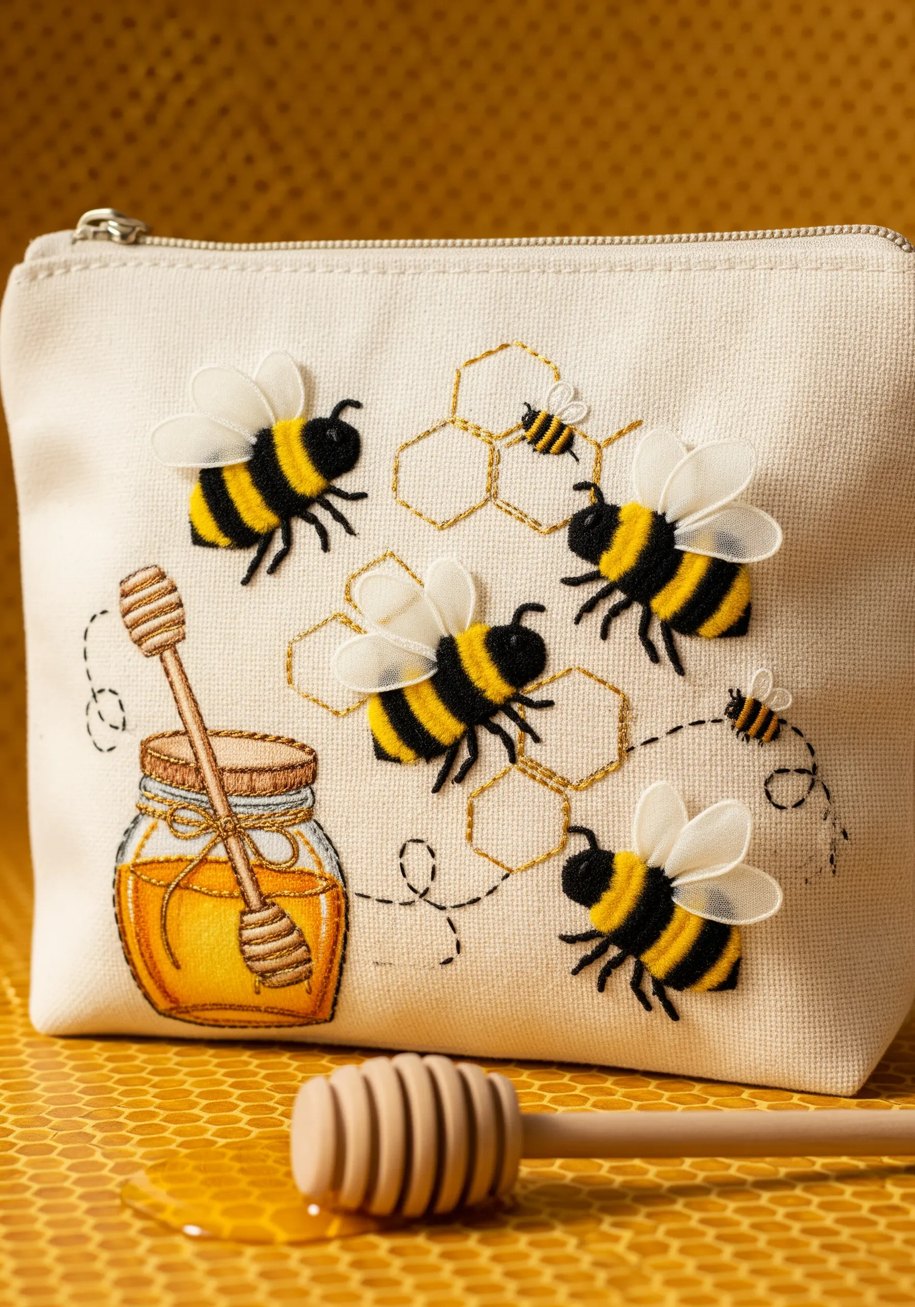 Embroidered bees with 3D sheer organza wings on a canvas pouch.