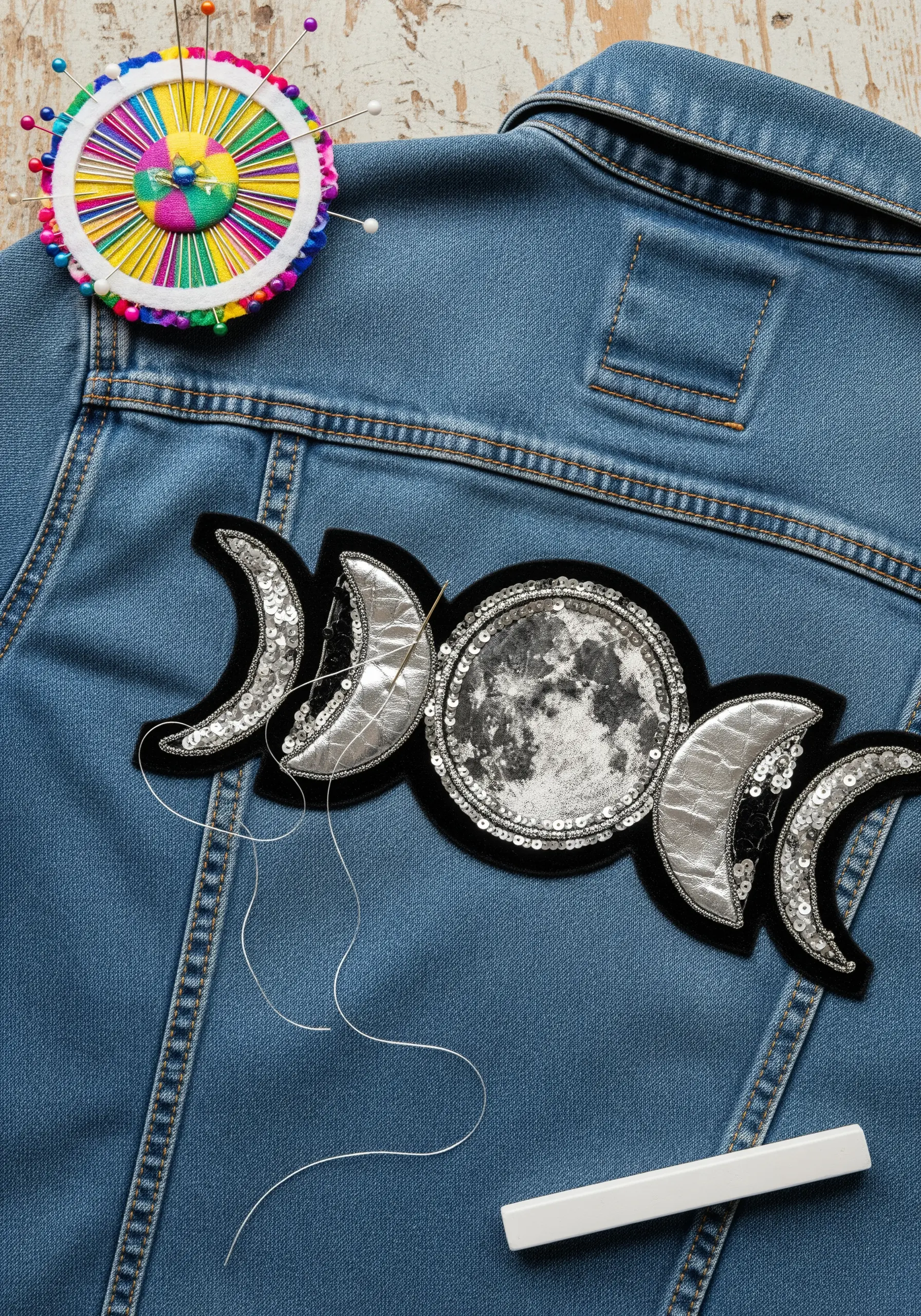 Moon phase patches on denim jacket