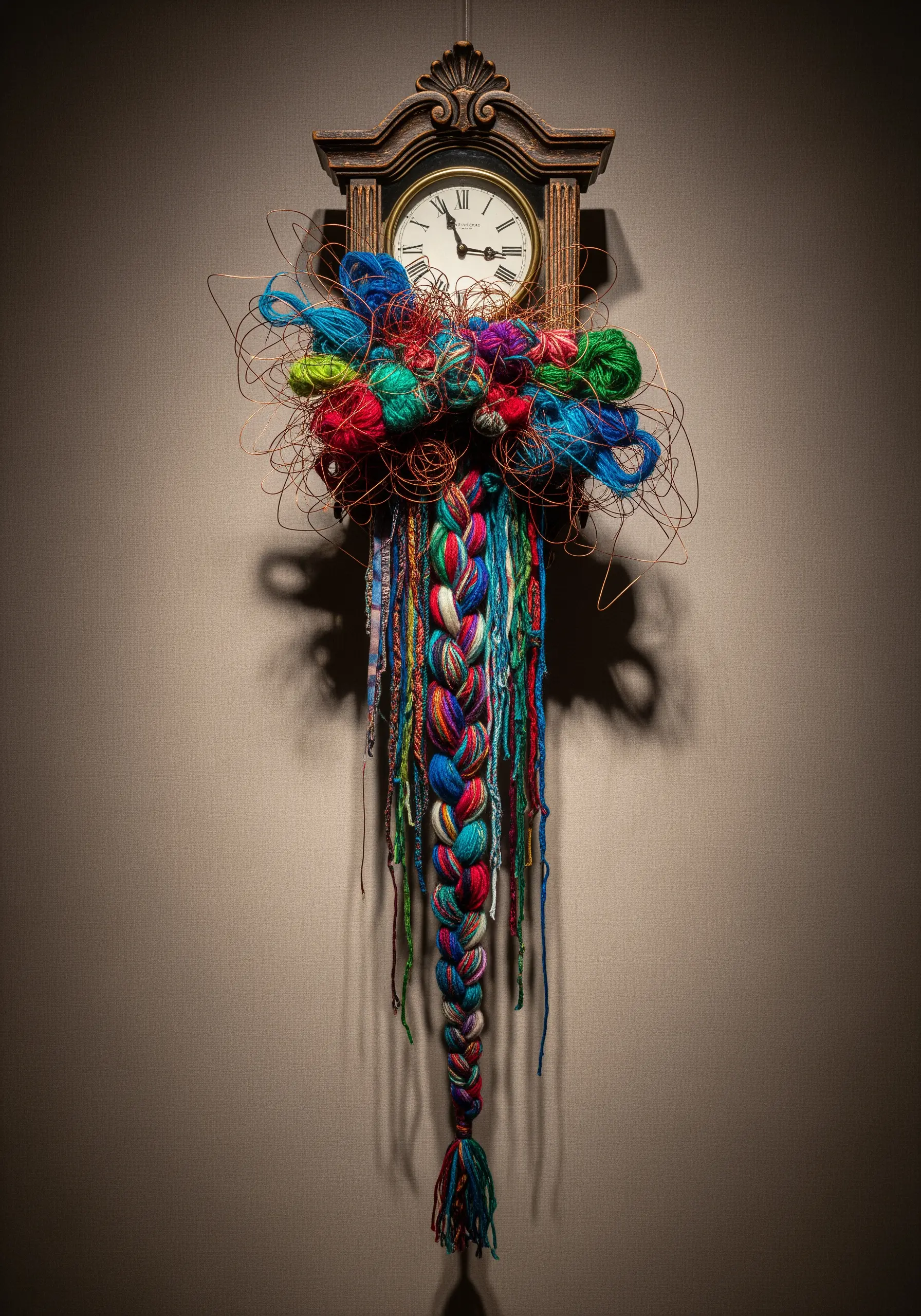 Vintage cuckoo clock with colorful yarn and wire exploding from the center