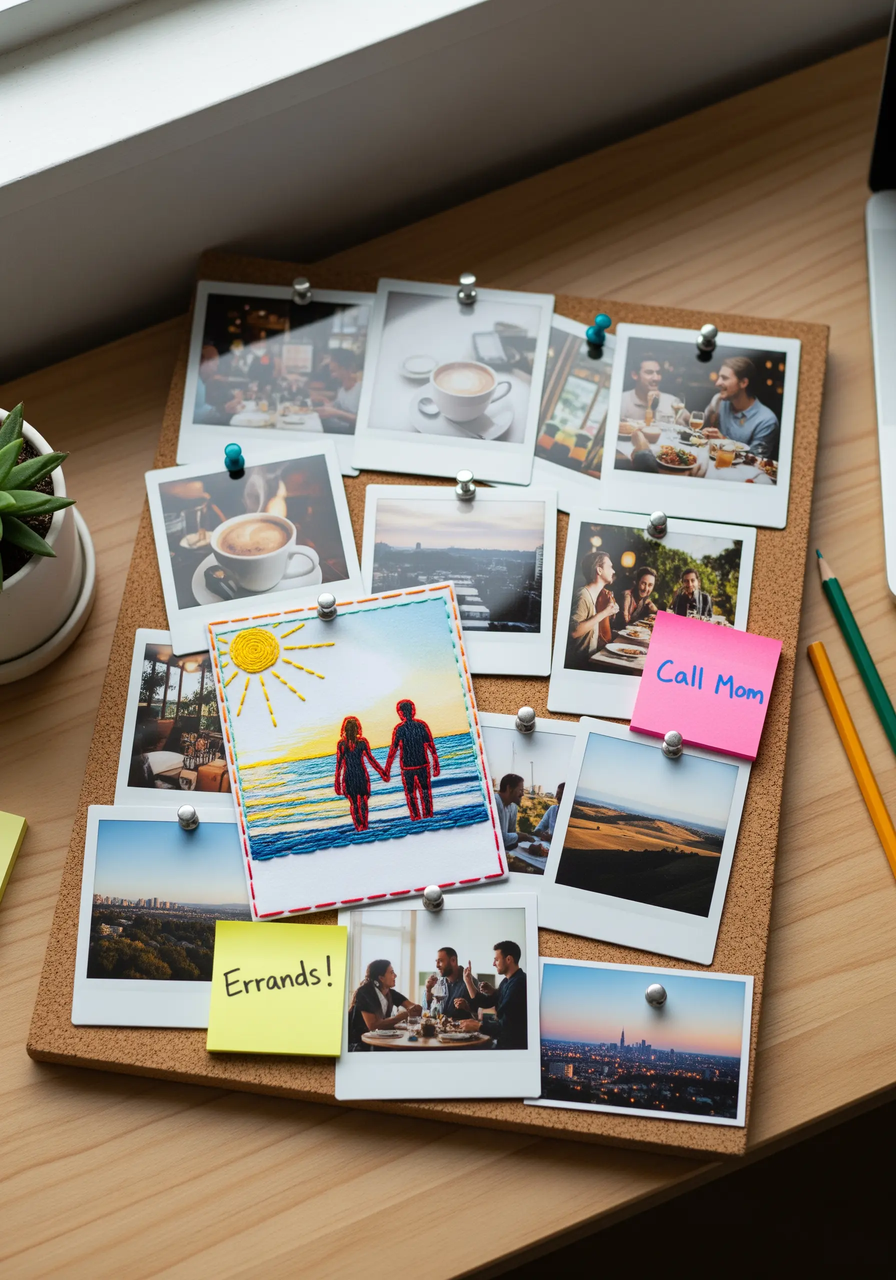 Cork board with various photos, one featuring a beach scene with embroidered people and sun rays