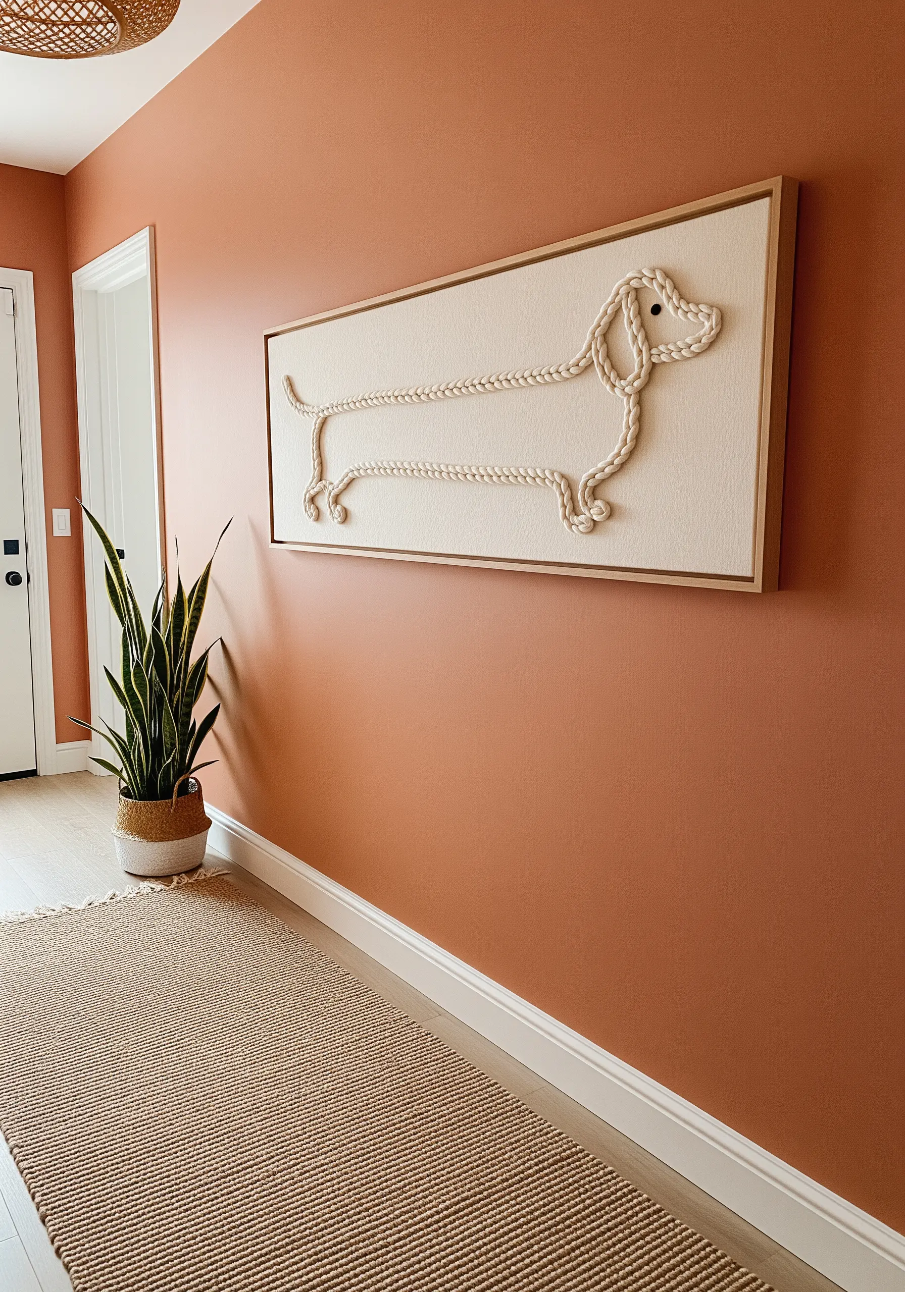 Dachshund silhouette created with couched rope on framed canvas