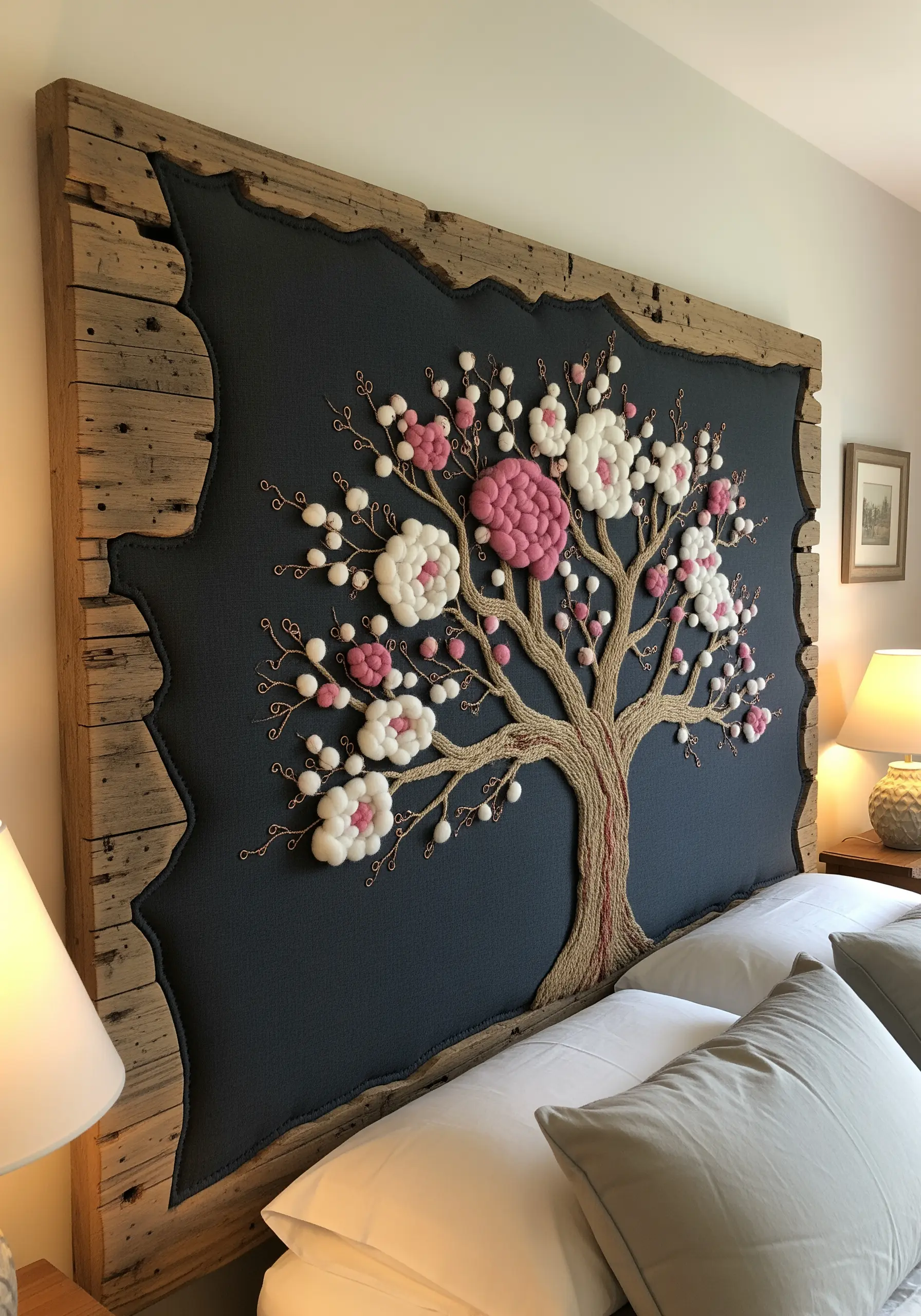 A custom upholstered headboard with a large embroidered and felted tree with pink and white blossoms.