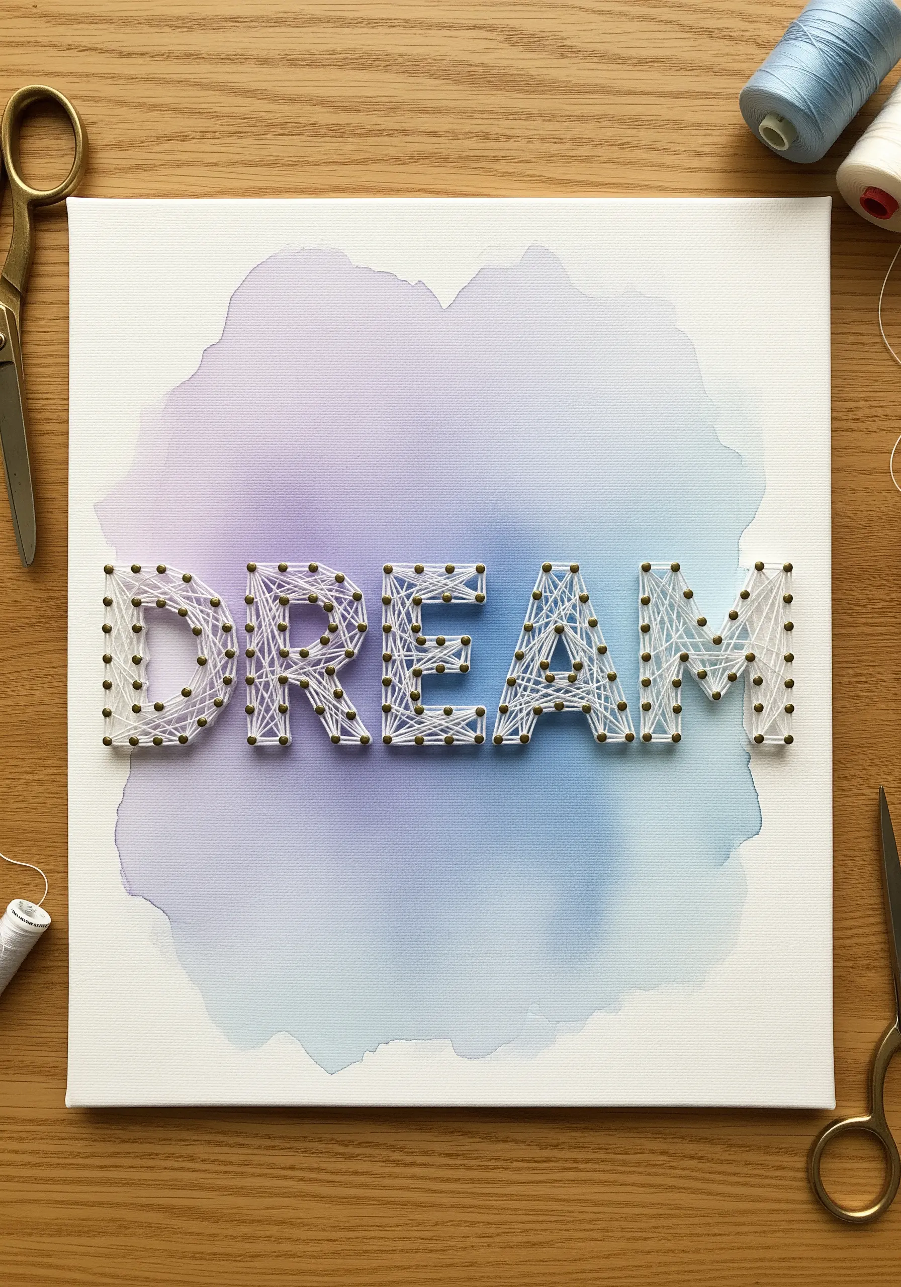 White string art saying DREAM over a purple and blue watercolor wash