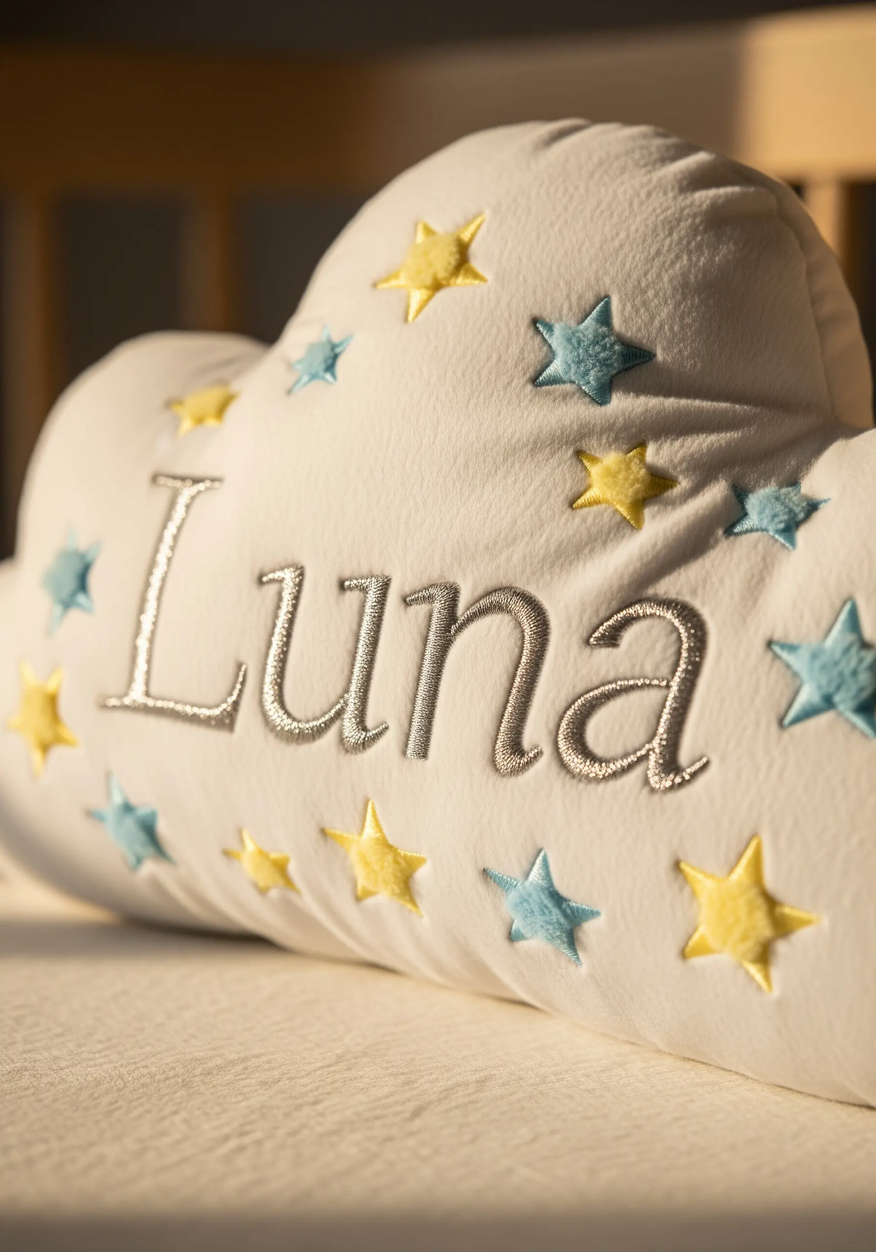Cloud shaped pillow with silver embroidered name Luna and stars