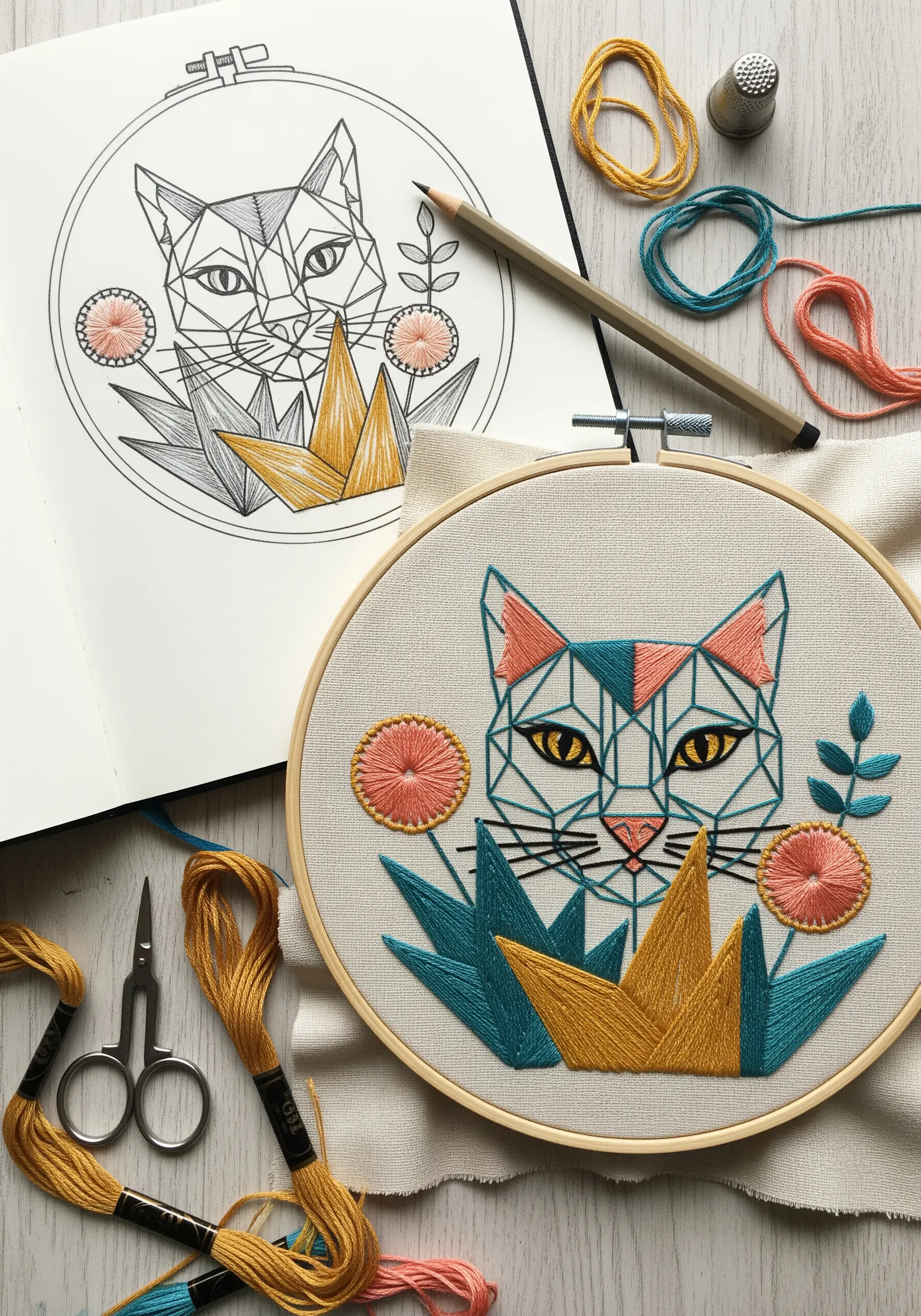 A geometric, color-blocked cat design being stitched in an embroidery hoop.