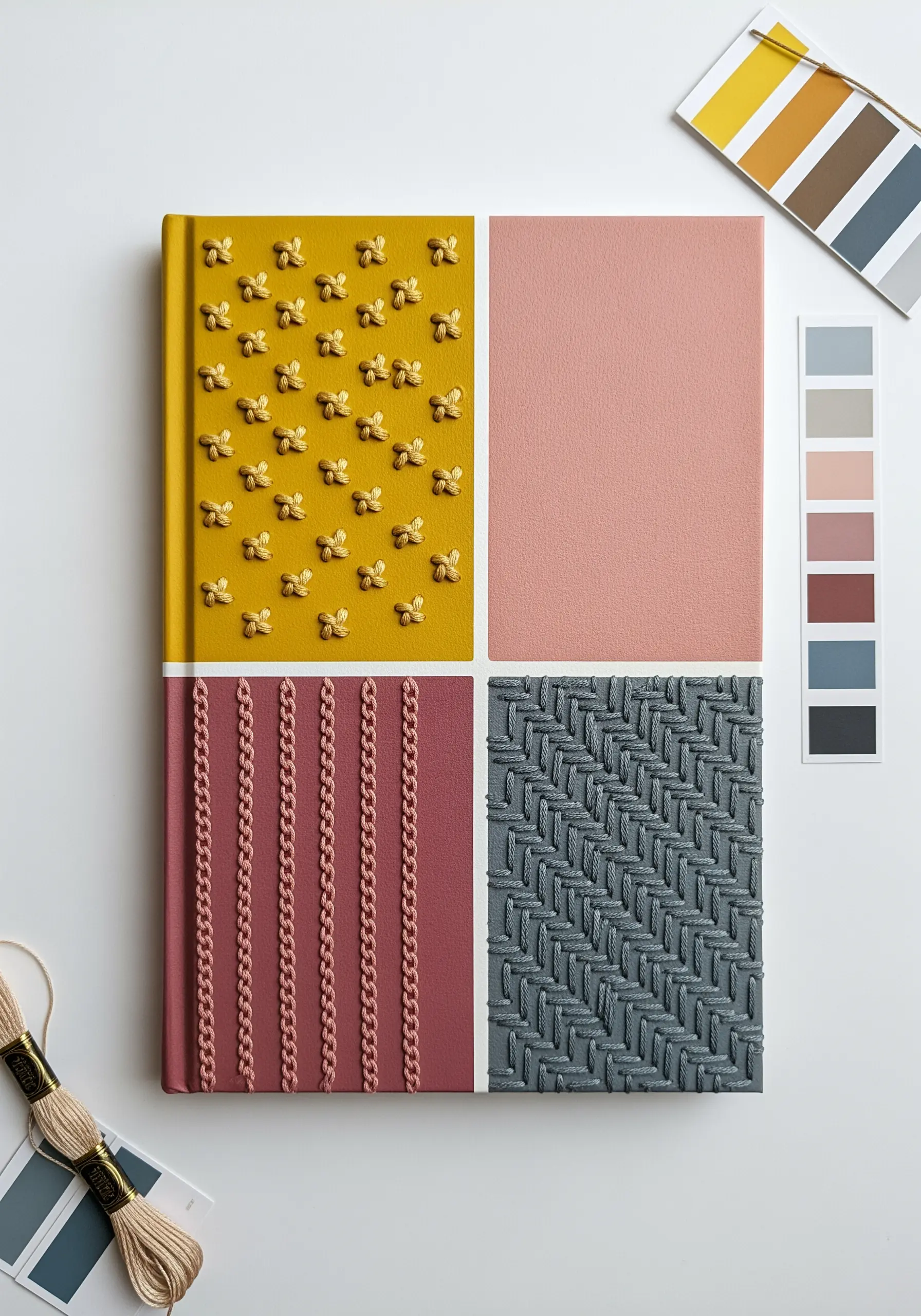 A journal cover divided into four color blocks, each filled with a different repeating embroidery stitch.