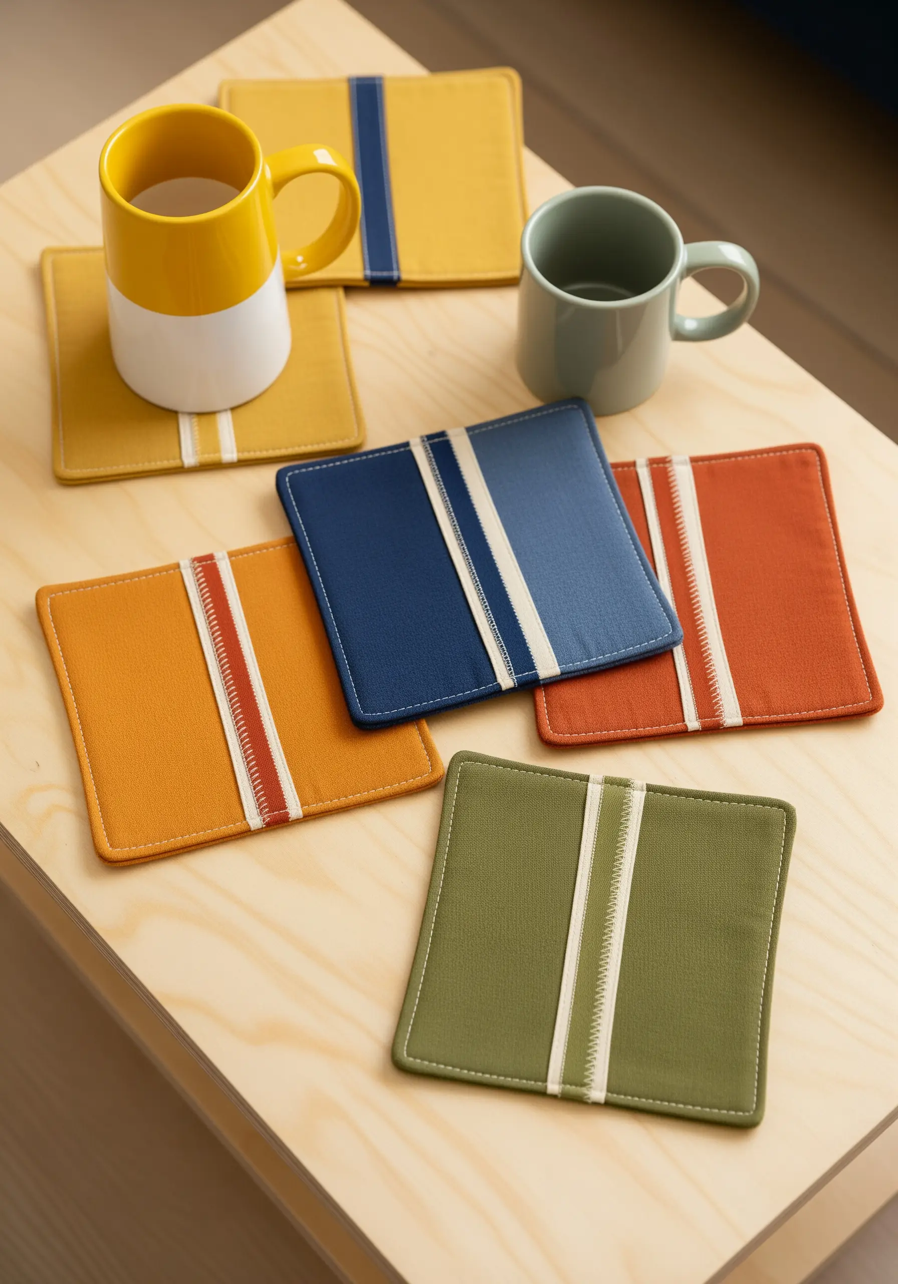 Modern coasters with bold color blocking using faux leather and stitched ribbon.