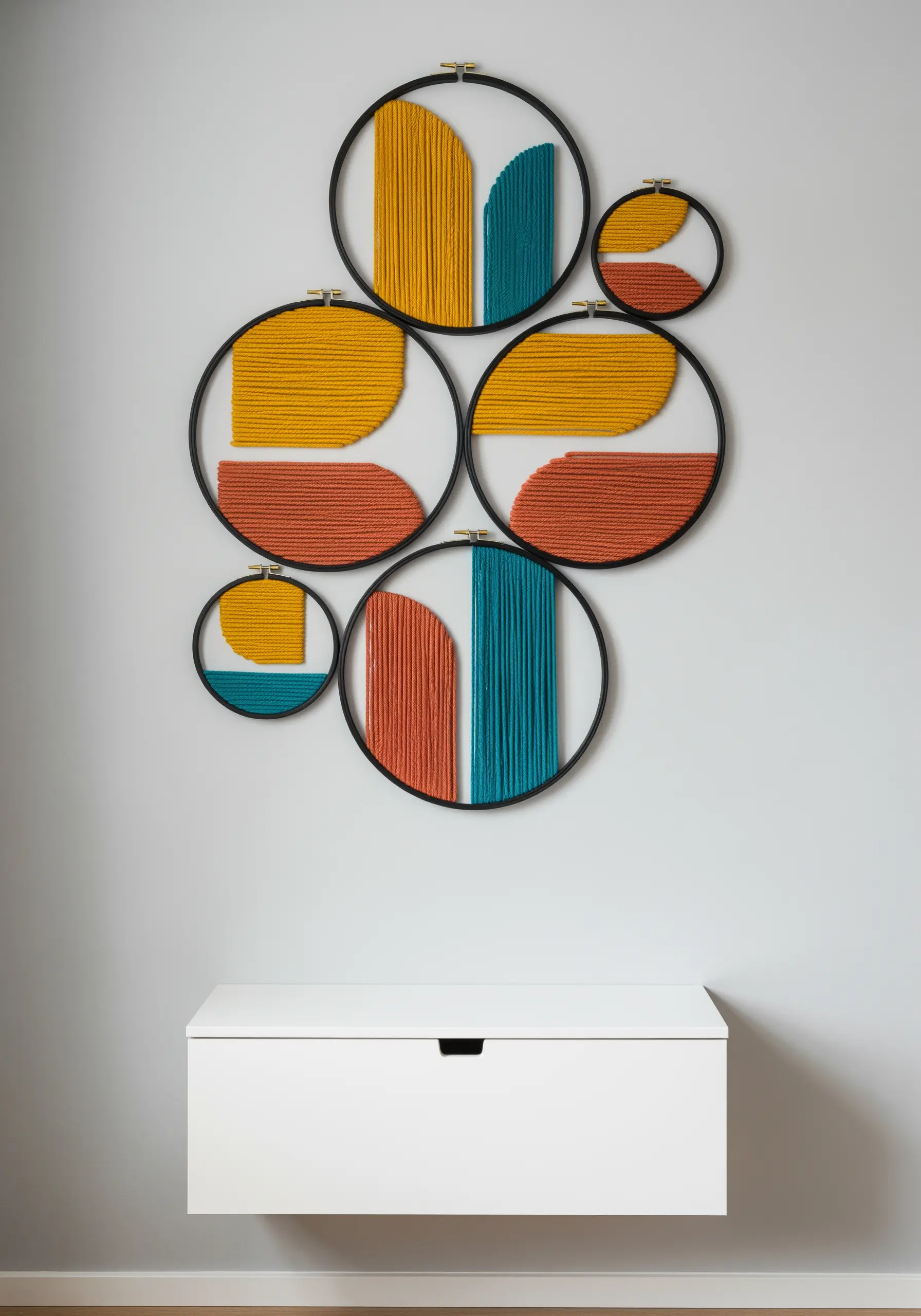 Abstract yarn wall art using black embroidery hoops and bold color-blocked yarn.
