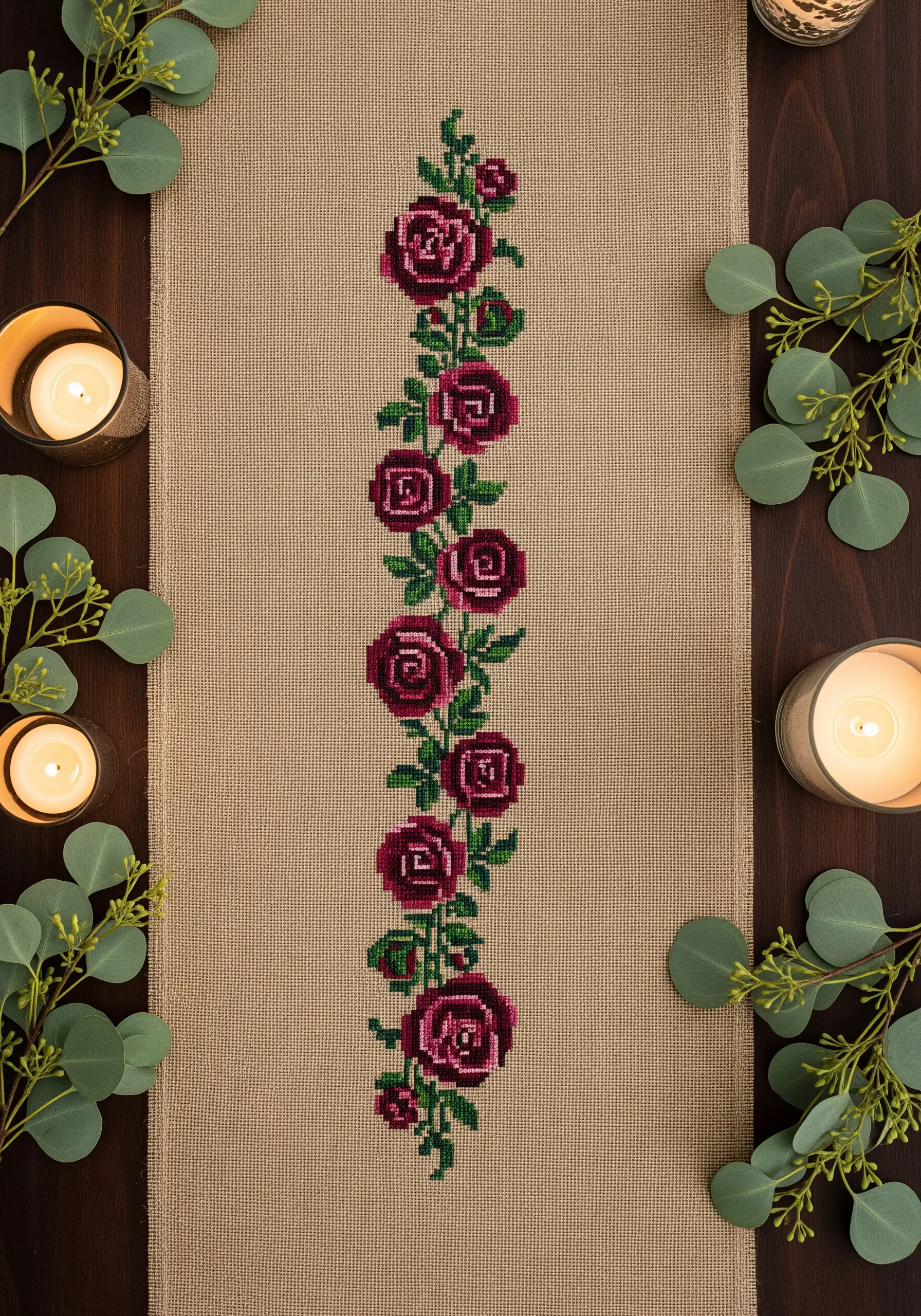 Red rose cross stitch pattern on beige table runner